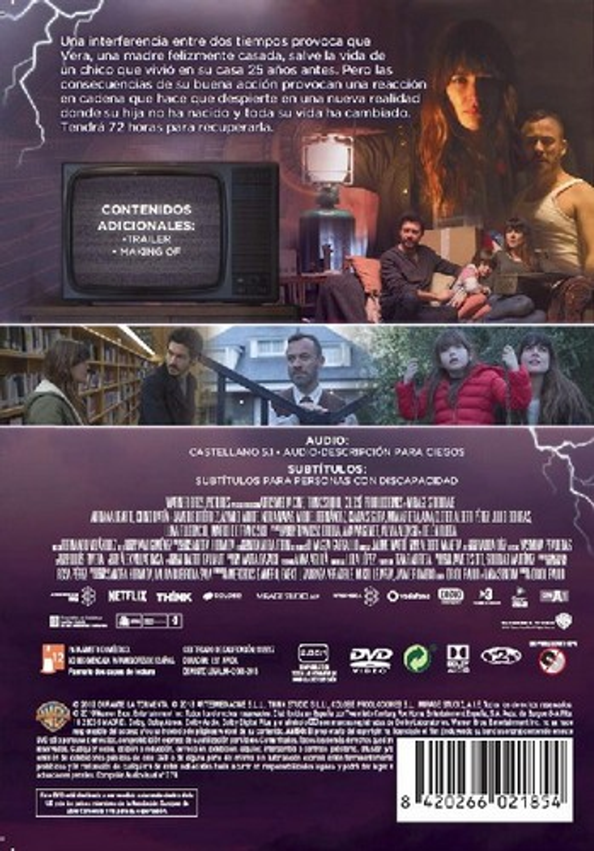 Contraportada de un DVD. Muestra a una mujer mirando una pantalla de televisión y una escena familiar. Texto en español.