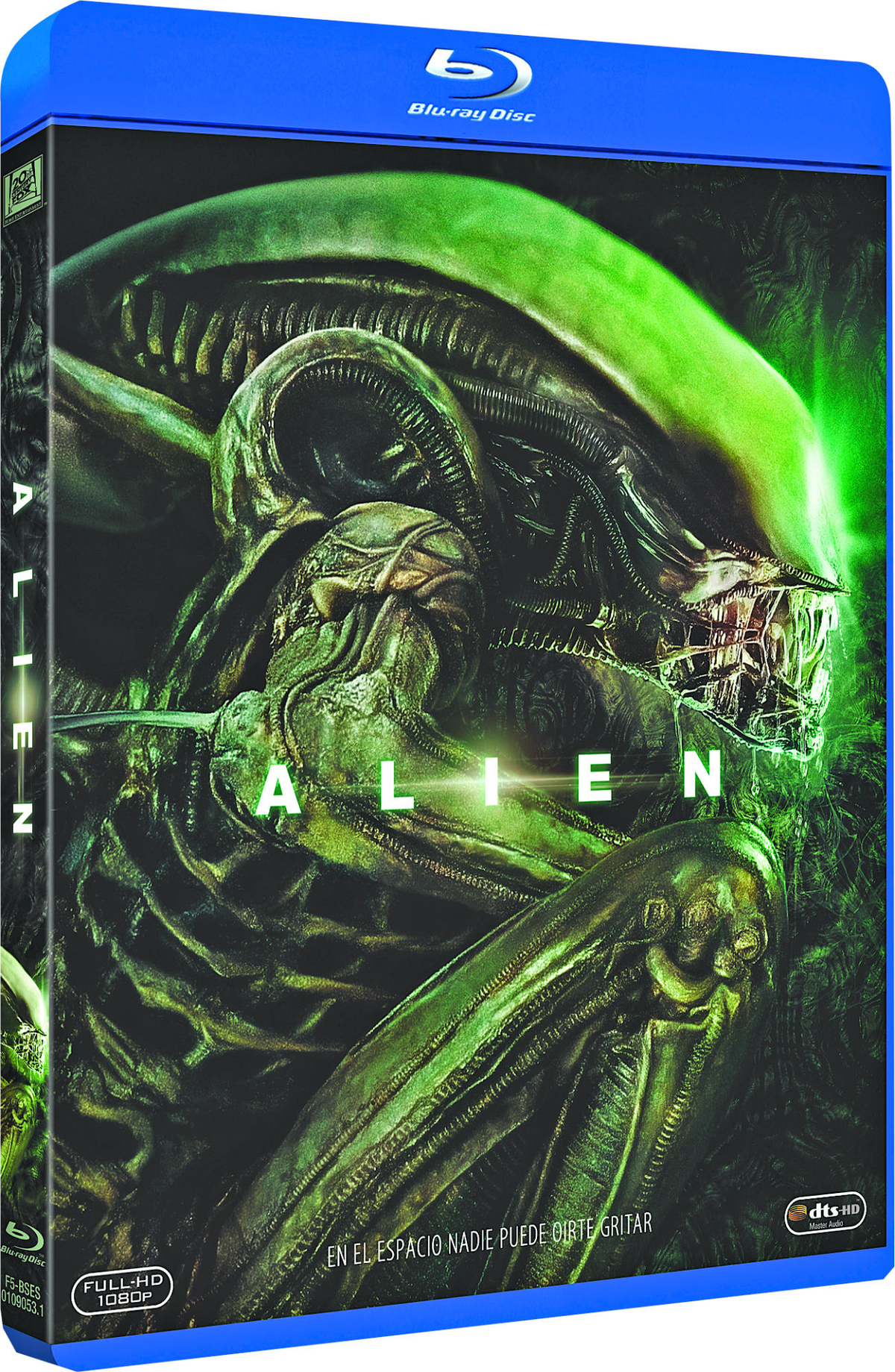 Portada de Alien Blu-ray: Una cara alienígena en tonos verdes domina la portada con texto blanco.
