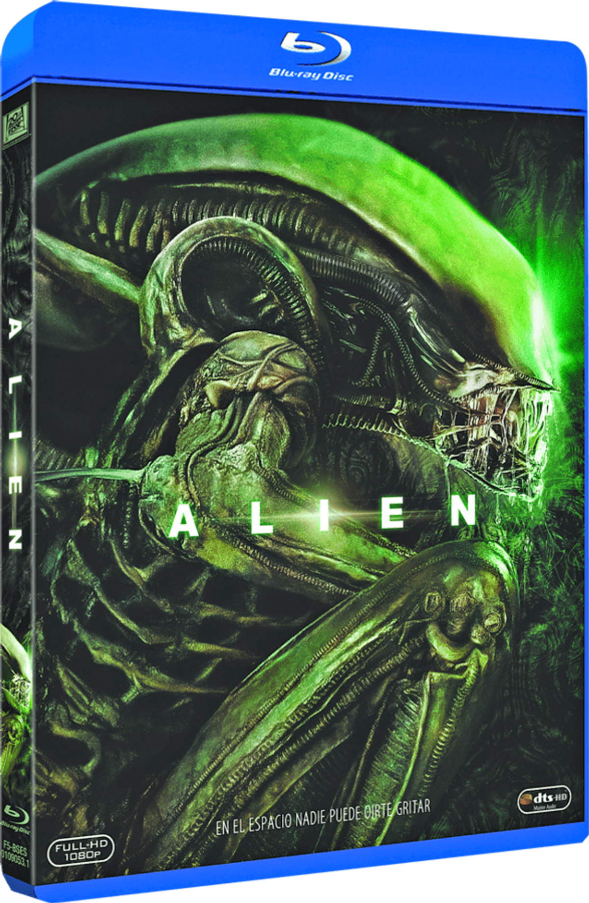 Portada de Alien Blu-ray. Una cara alienígena verde llena la portada. El título Alien. Fondo: verde oscuro.