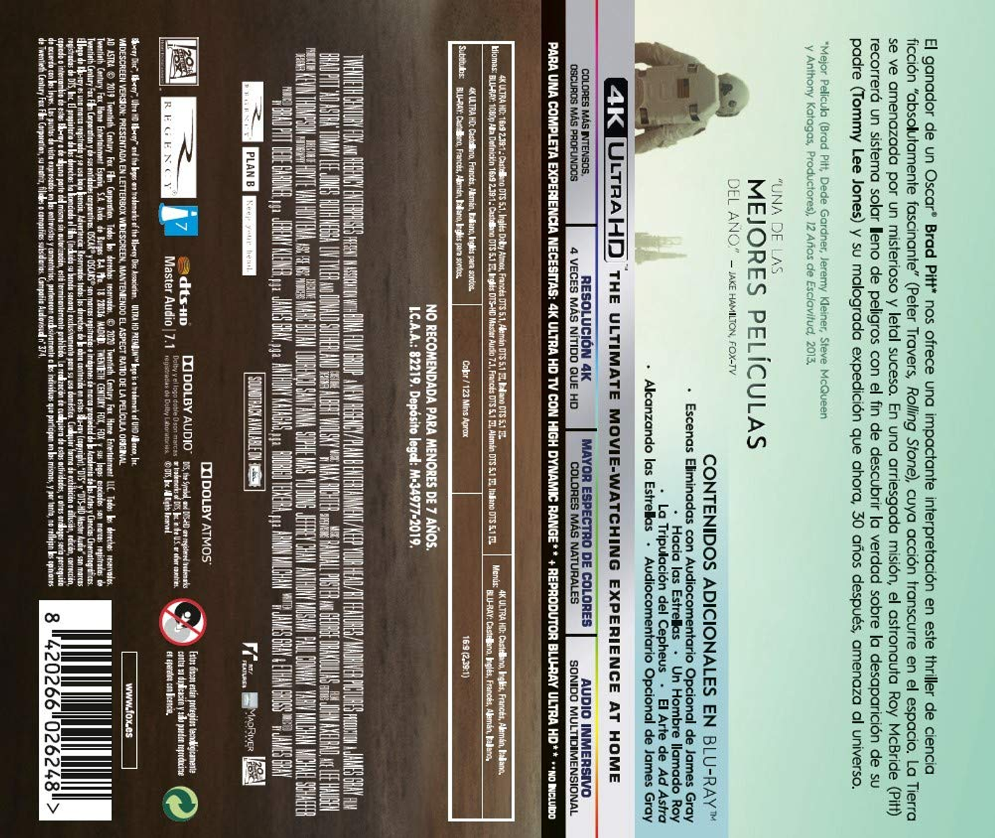 Caja de película: Contraportada con texto y escena con hombre en traje espacial.