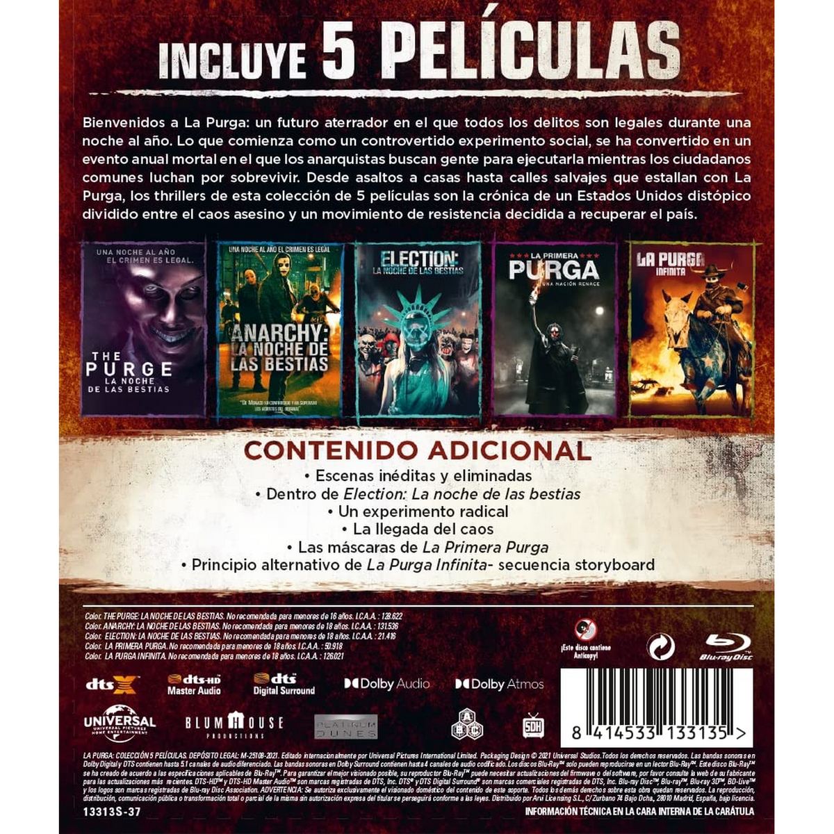 Colección de películas con cinco portadas: The Purge, Anarchy, Election, The First Purge y The Purge: Forever.