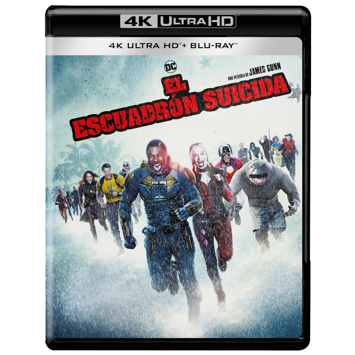 Portada de la película: 'El Escuadrón Suicida', con personajes corriendo bajo la lluvia.