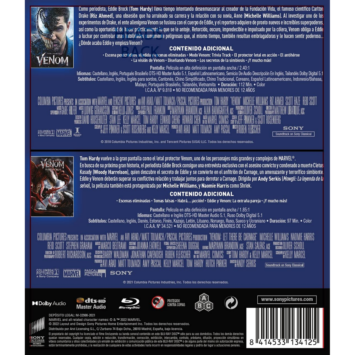 La parte trasera de un DVD de Venom. Tiene varias imágenes del personaje principal.