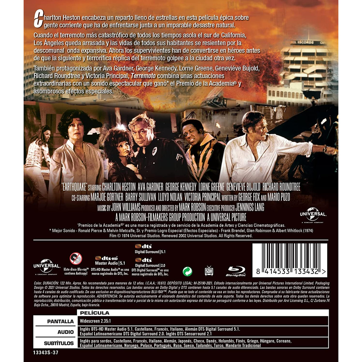 Portada de película con un grupo de personas. Texto: Terremoto. El título está en el centro.