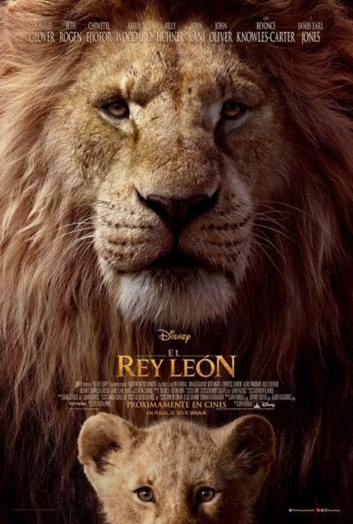 Póster de la película 'El Rey León' con la cara de un león y un cachorro, con texto en español.