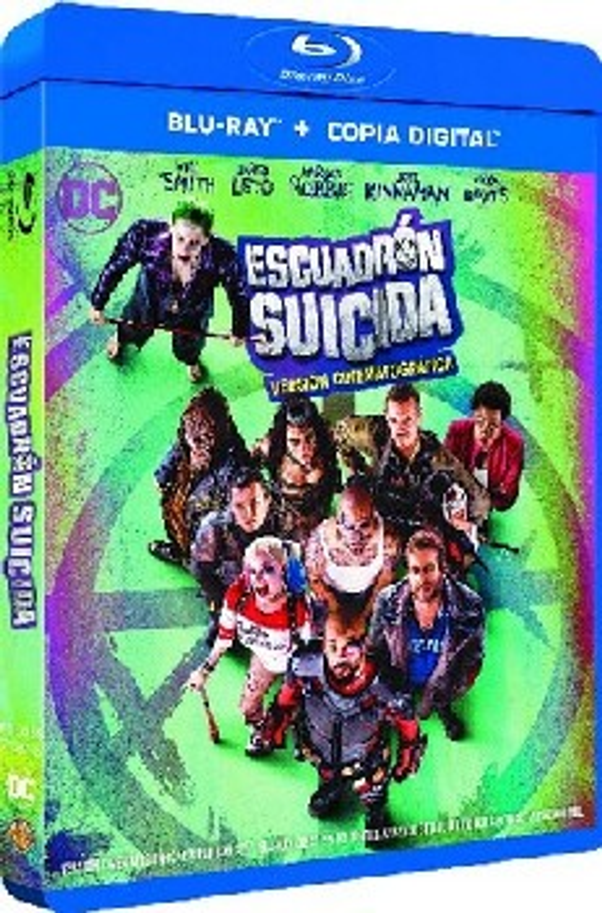 Portada de la película "Escuadrón Suicida". Un grupo de personajes disfrazados frente a un fondo azul.