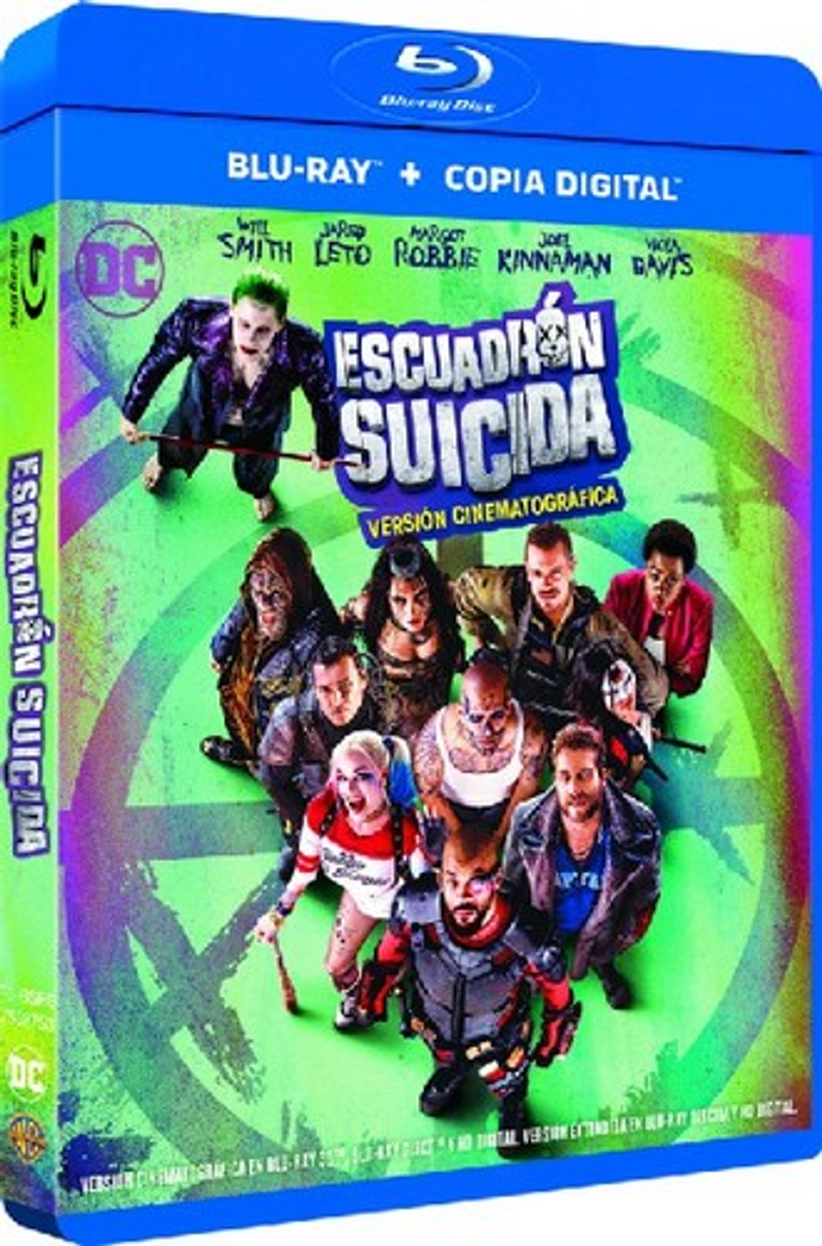 Portada de la película Escuadrón Suicida. Un grupo de personajes con un fondo colorido se muestra en la portada de Blu-ray.