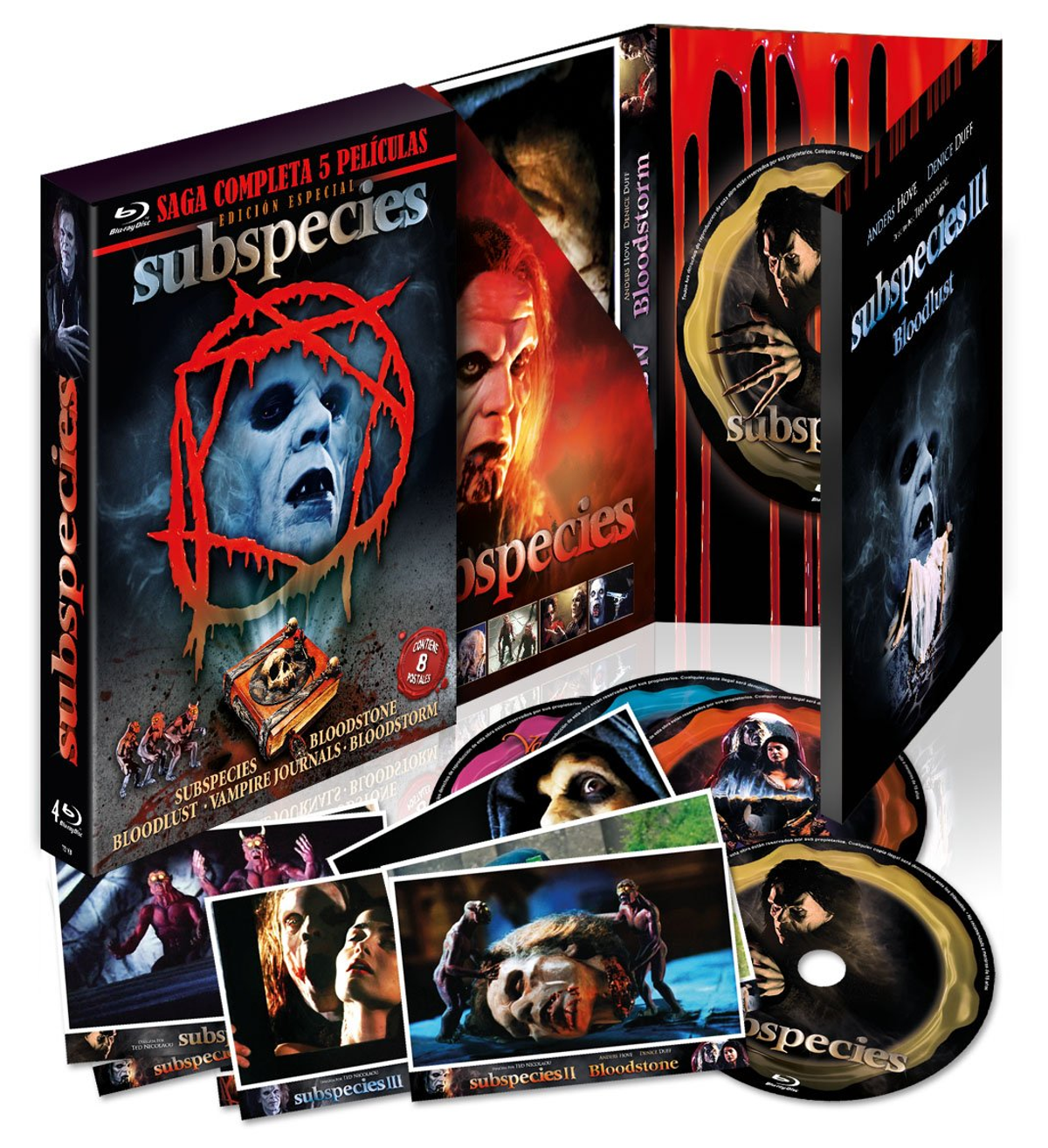 Caja de Subspecies con múltiples discos Blu-ray e imágenes promocionales.
