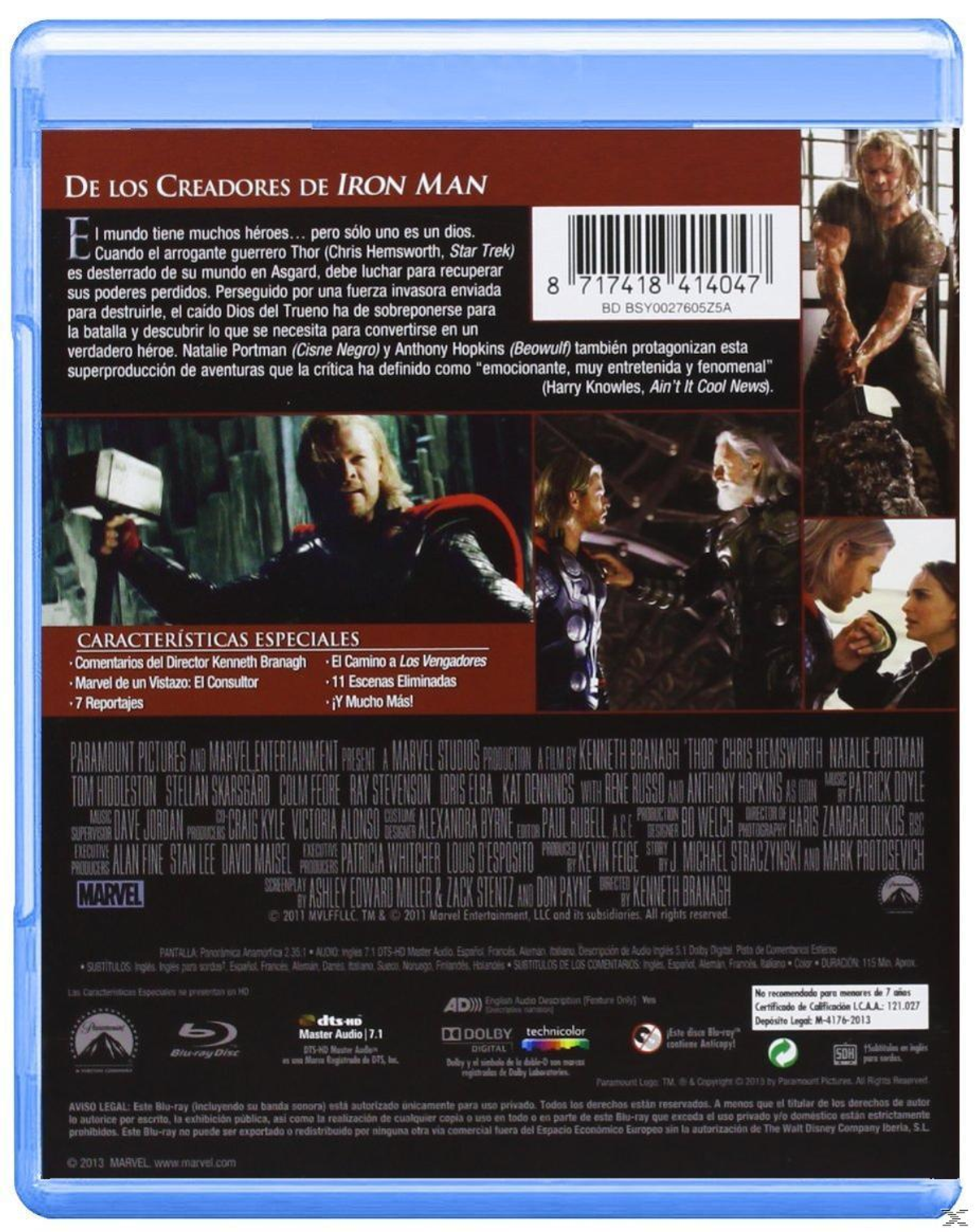 Portada Blu-ray de la película Thor. Presenta a Thor y otros personajes de la película sobre fondo azul.