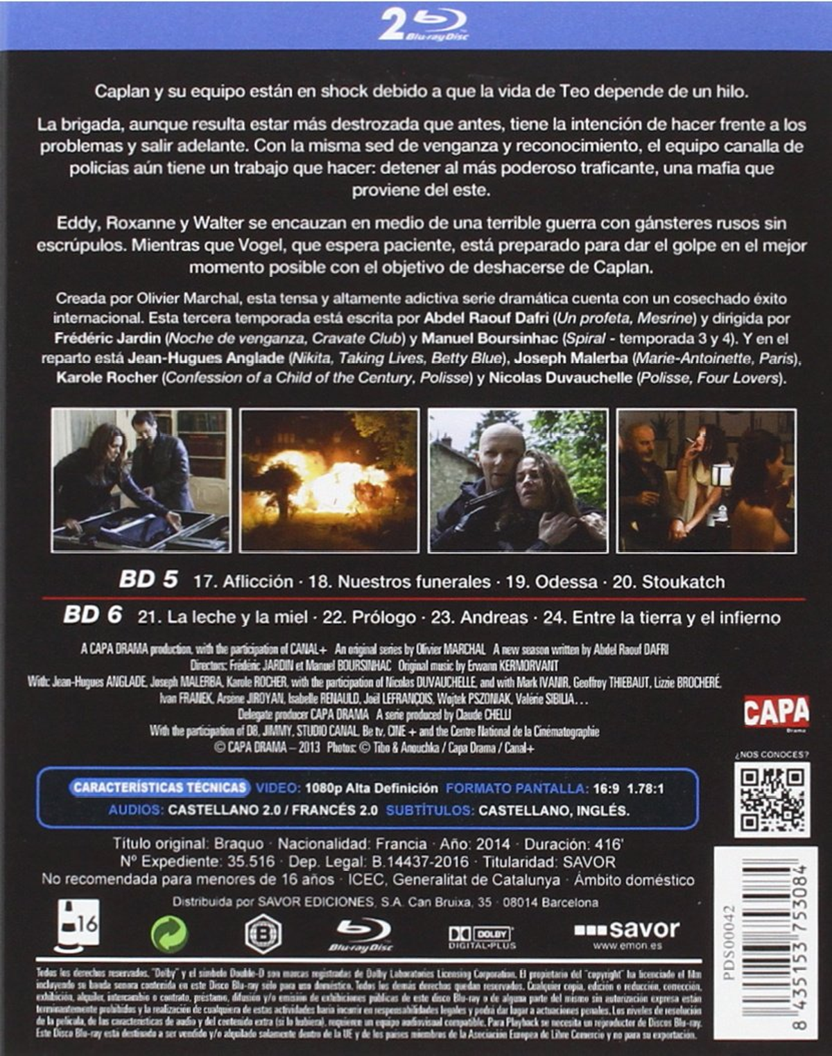 Contraportada Blu-ray. Texto en español. Fotos de escenas de la película. Logotipo de Blu-ray Disc en la parte superior.