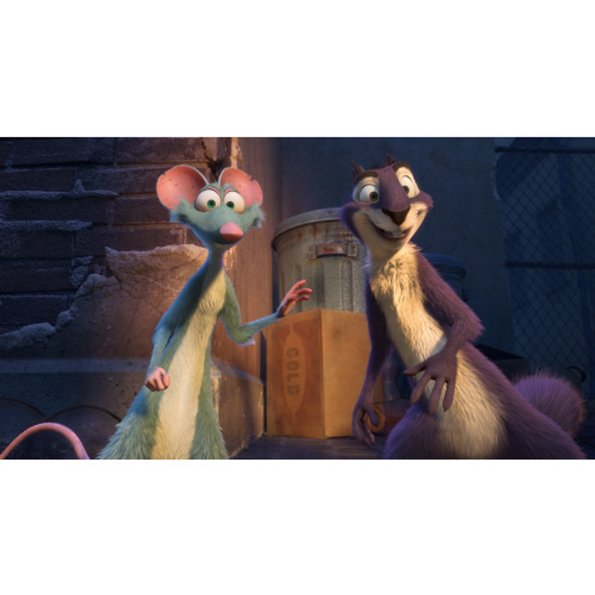 Escena de una película animada con una rata y una ardilla. La rata está en el lado izquierdo y la ardilla en el lado derecho.
