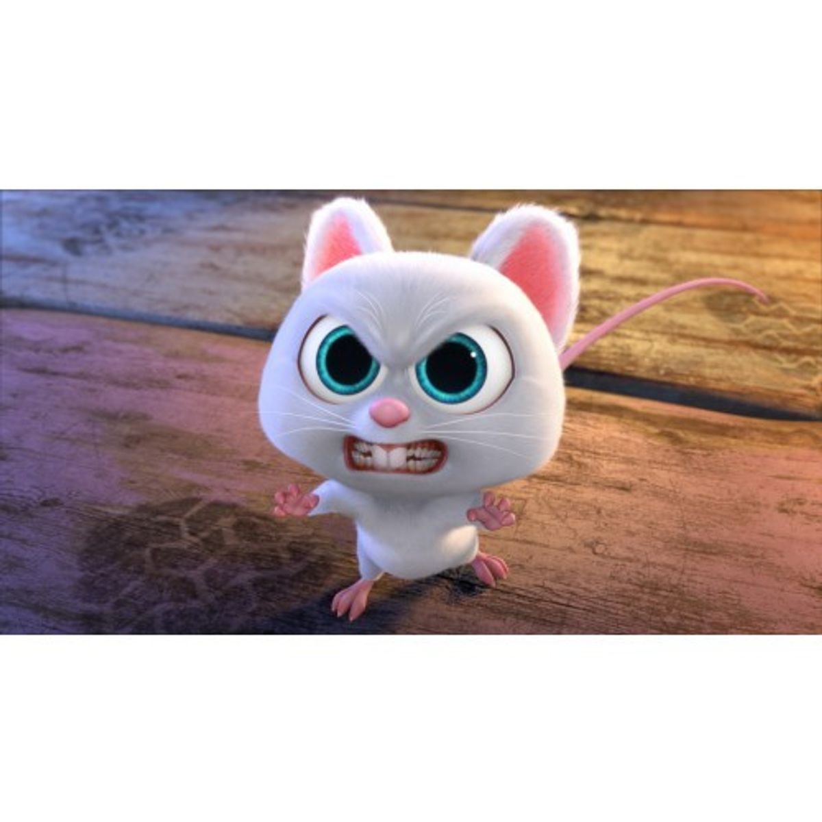Un ratón blanco de dibujos animados con grandes ojos azules y una expresión feroz.