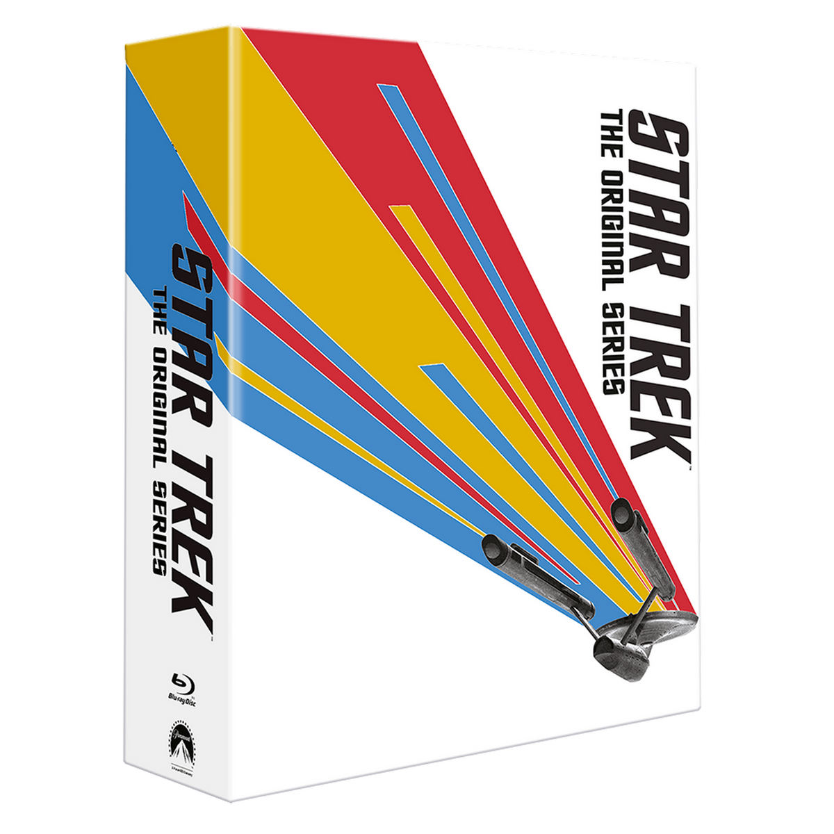 Portada de Star Trek: The Original Series Blu-ray. Título y diseño en negrita. Colores azul, rojo y amarillo.