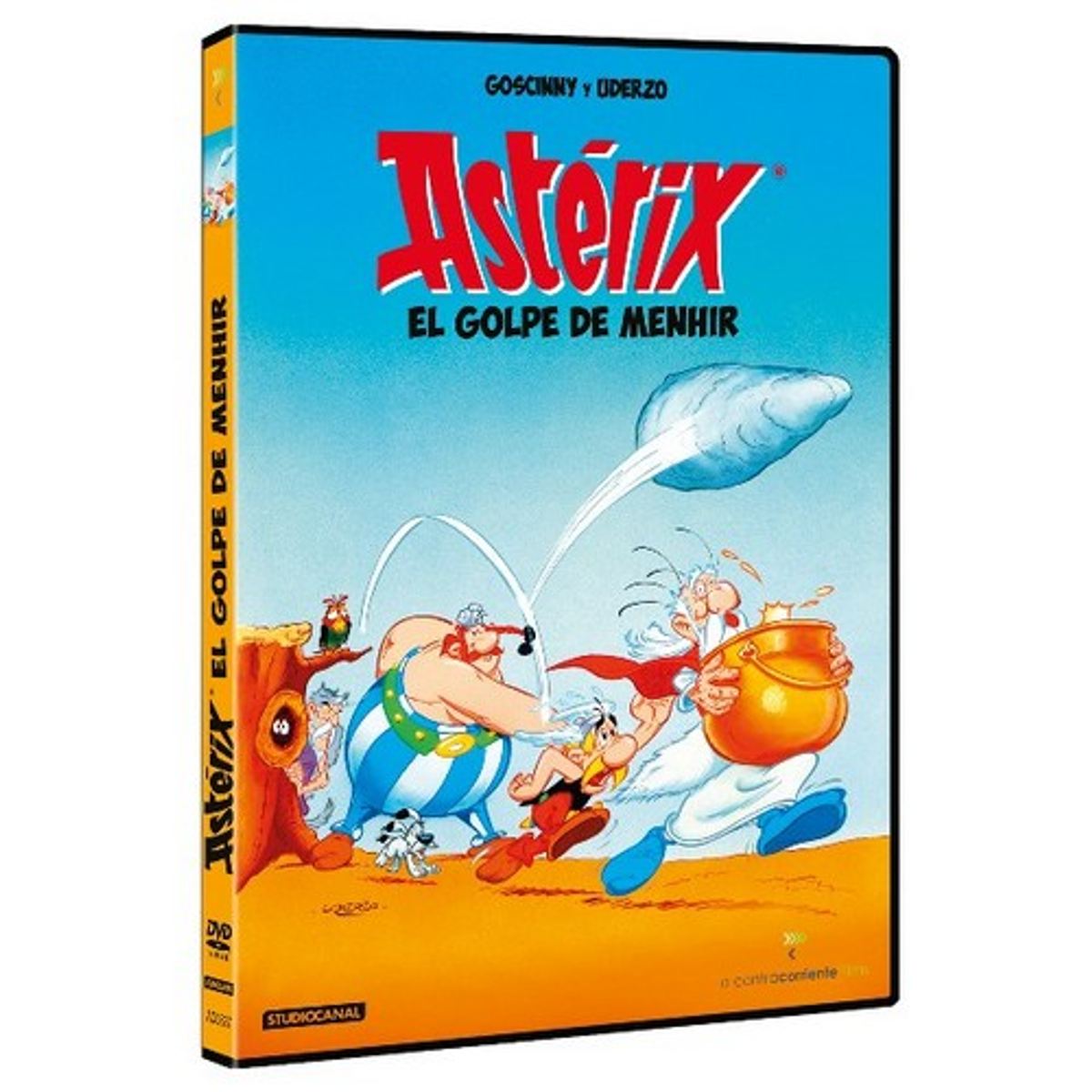 Funda de DVD de 'Astérix: El golpe de Menhir'. Presenta personajes de dibujos animados en acción, fondo naranja.