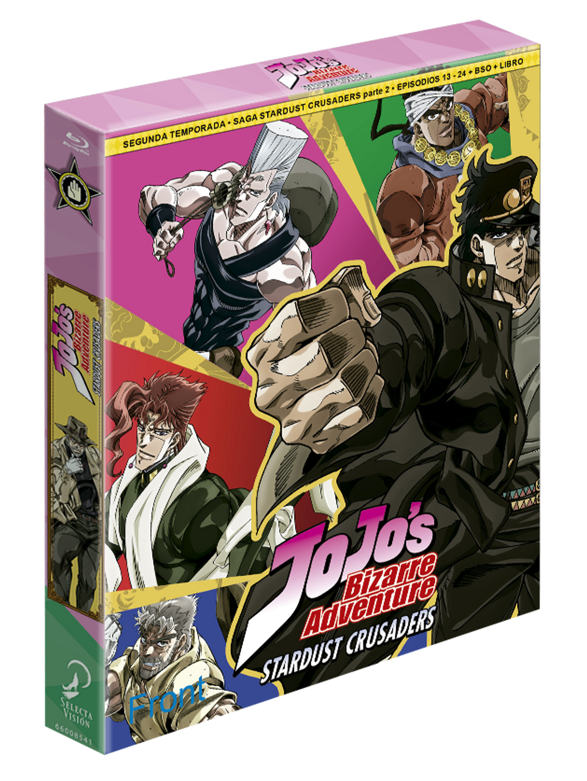 Portada de Blu-ray de JoJo's Bizarre Adventure: Stardust Crusaders. Personajes de anime en estilo colorido.