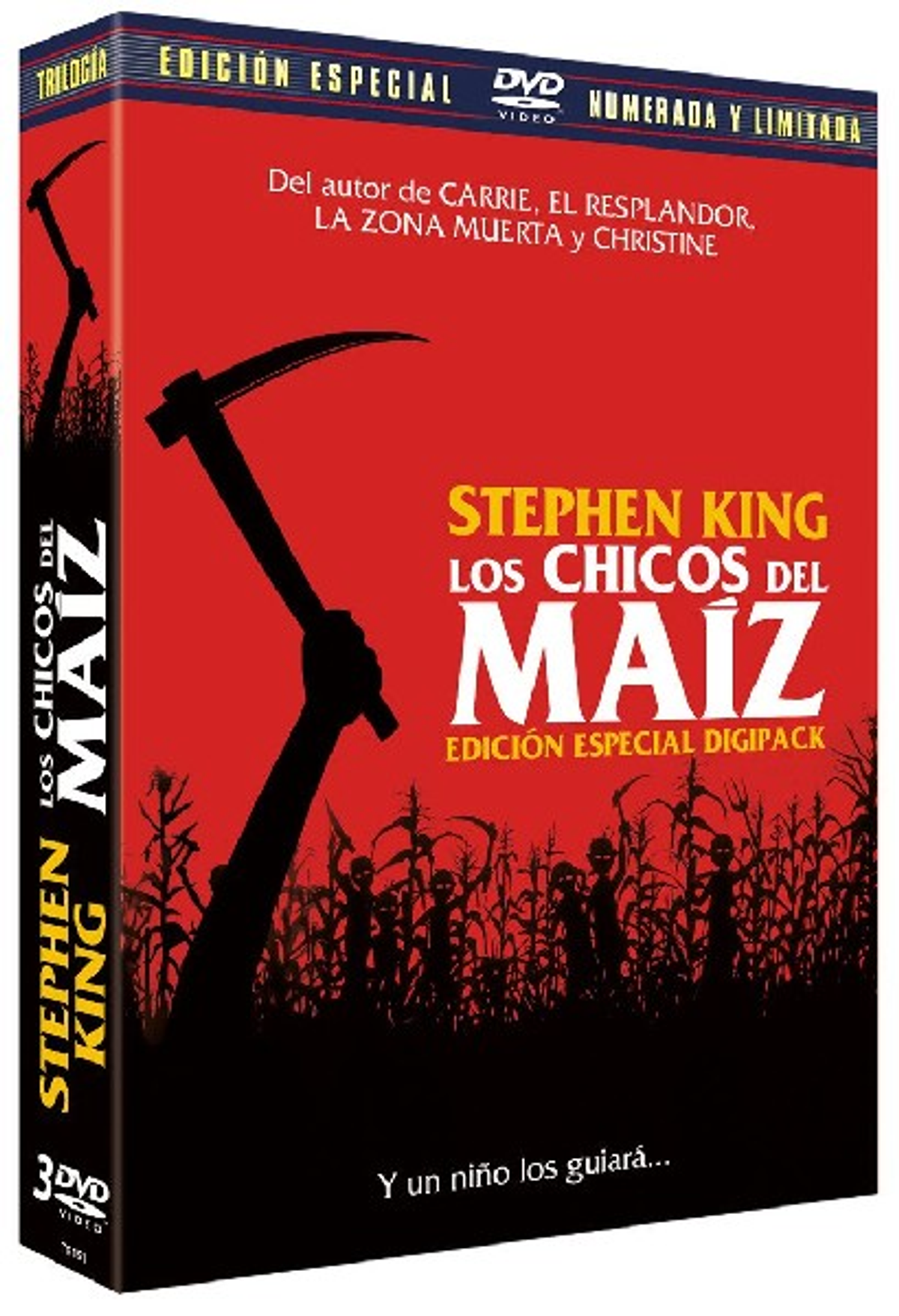 Caja de DVD de 'Los Chicos del Maíz' con silueta de campo de maíz y guadaña.