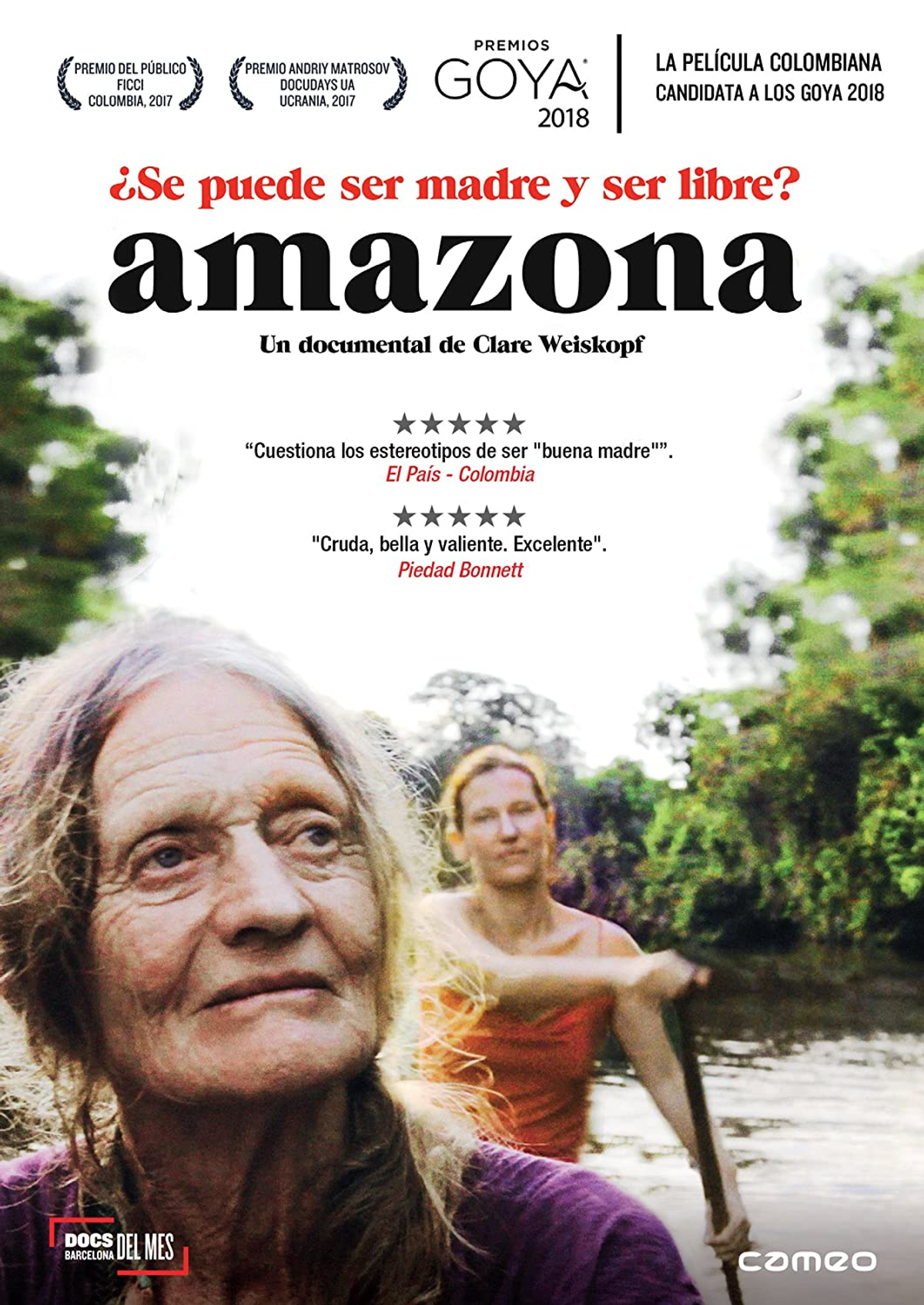 Cartel de película, Amazona, una anciana con una mujer más joven en un bote en el río.