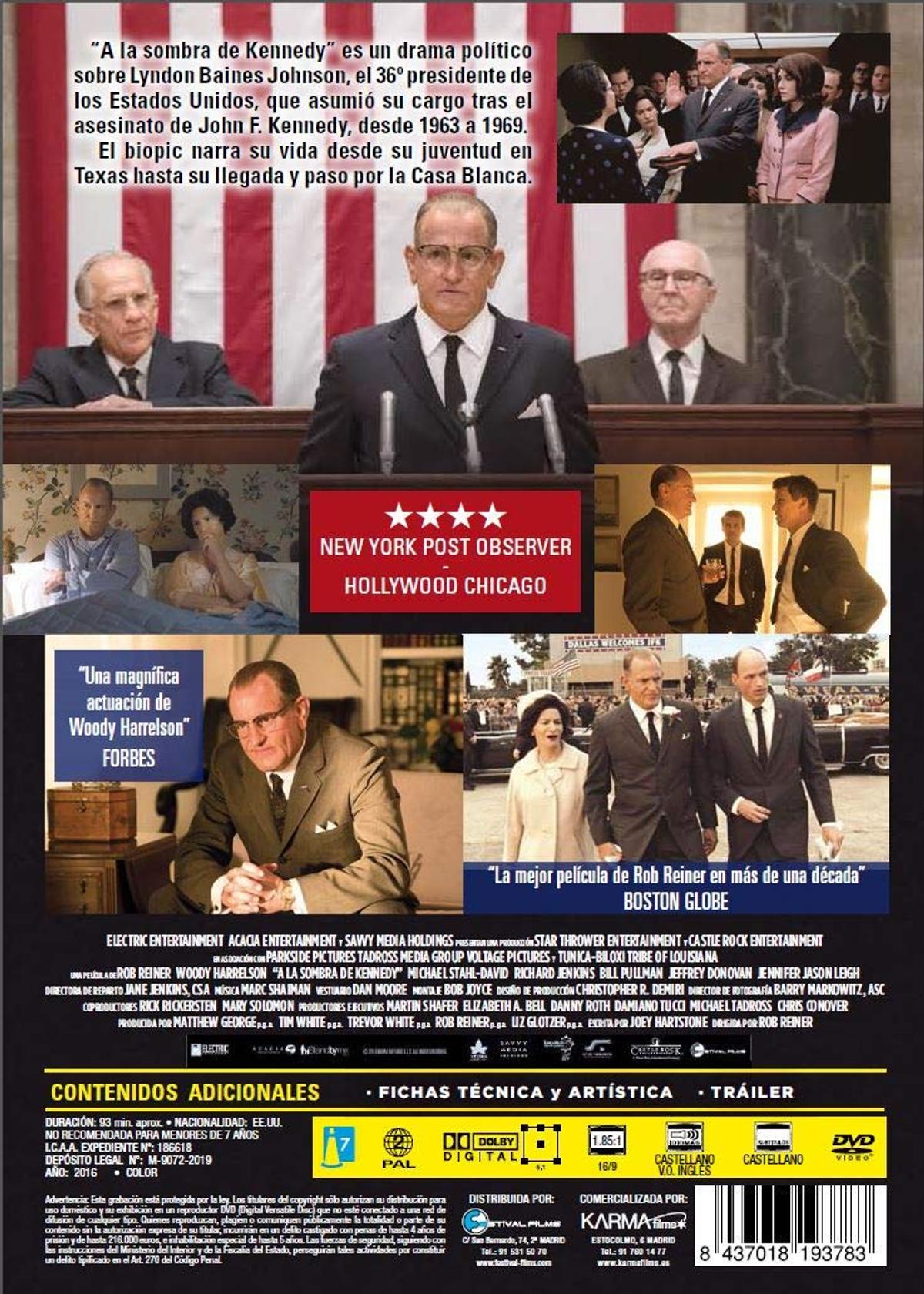 Portada de la película. Un grupo de hombres con trajes. Título: LBJ. Fondo: una multitud de personas.