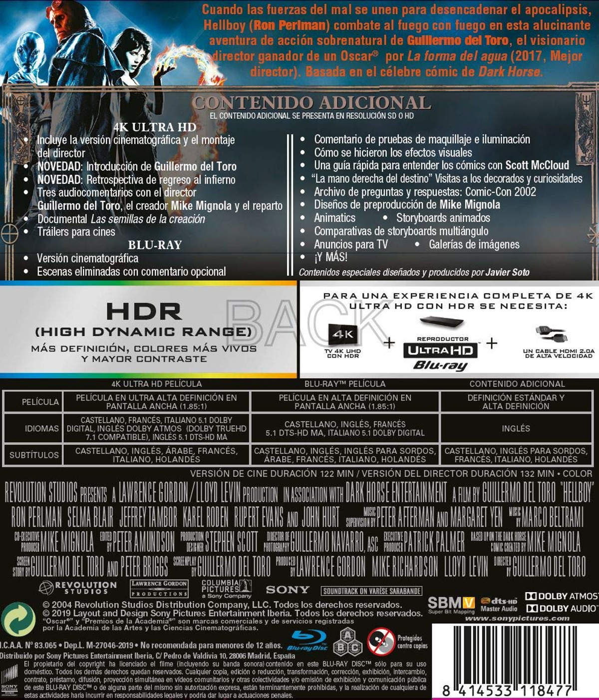 Contraportada del Blu-ray de Hellboy. Información y detalles sobre la película y su lanzamiento.