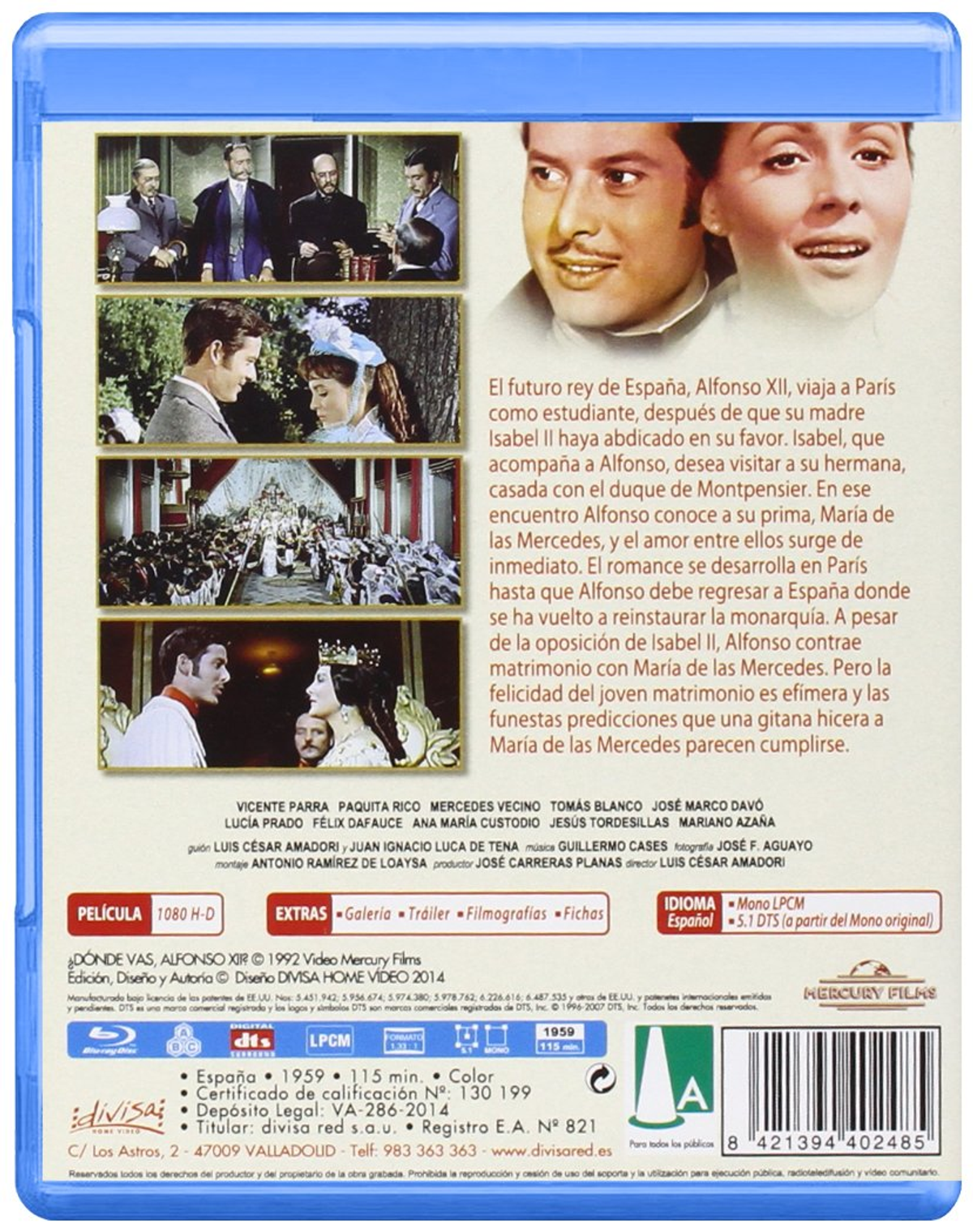 Contraportada de DVD: '¿Dónde vas, Alfonso XII?'. Texto en español. Imágenes de un hombre y una mujer.