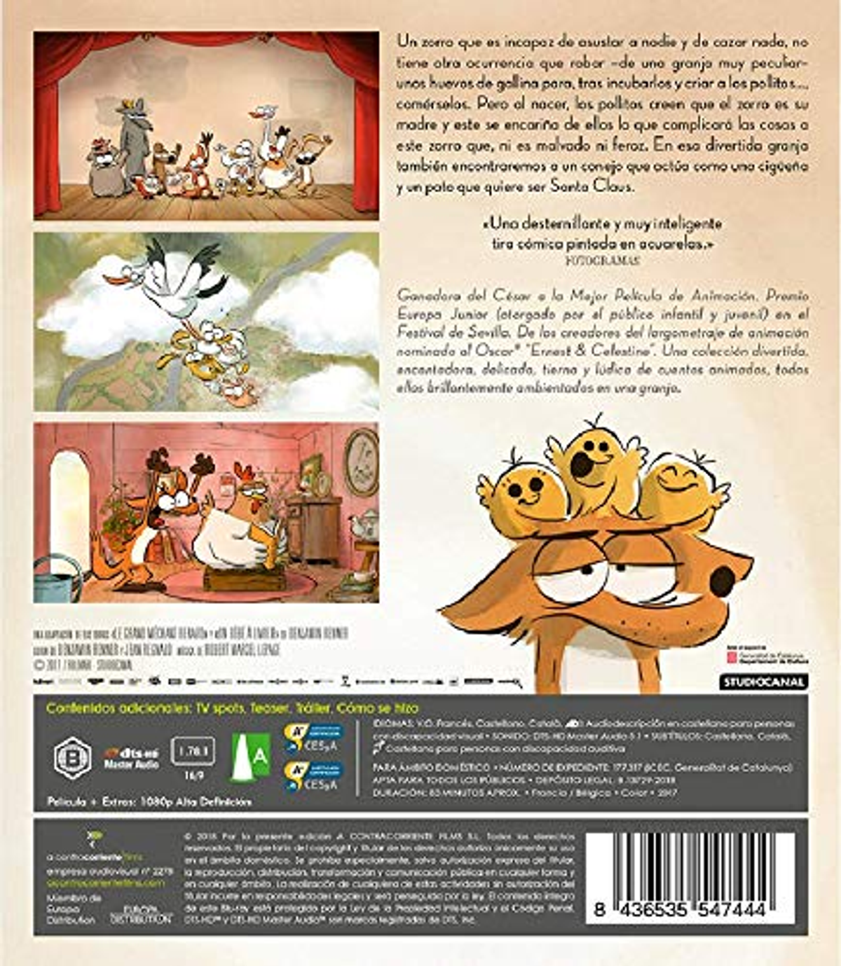 La contraportada de un DVD de película animada con un zorro, pollitos encima de su cabeza y otros personajes de dibujos animados.