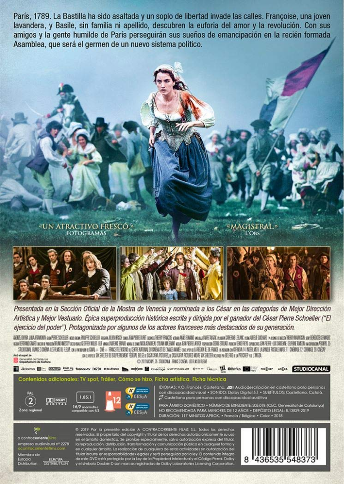 Parte posterior de una carátula de DVD que muestra una escena de una batalla histórica con soldados corriendo y una mujer con una bandera.