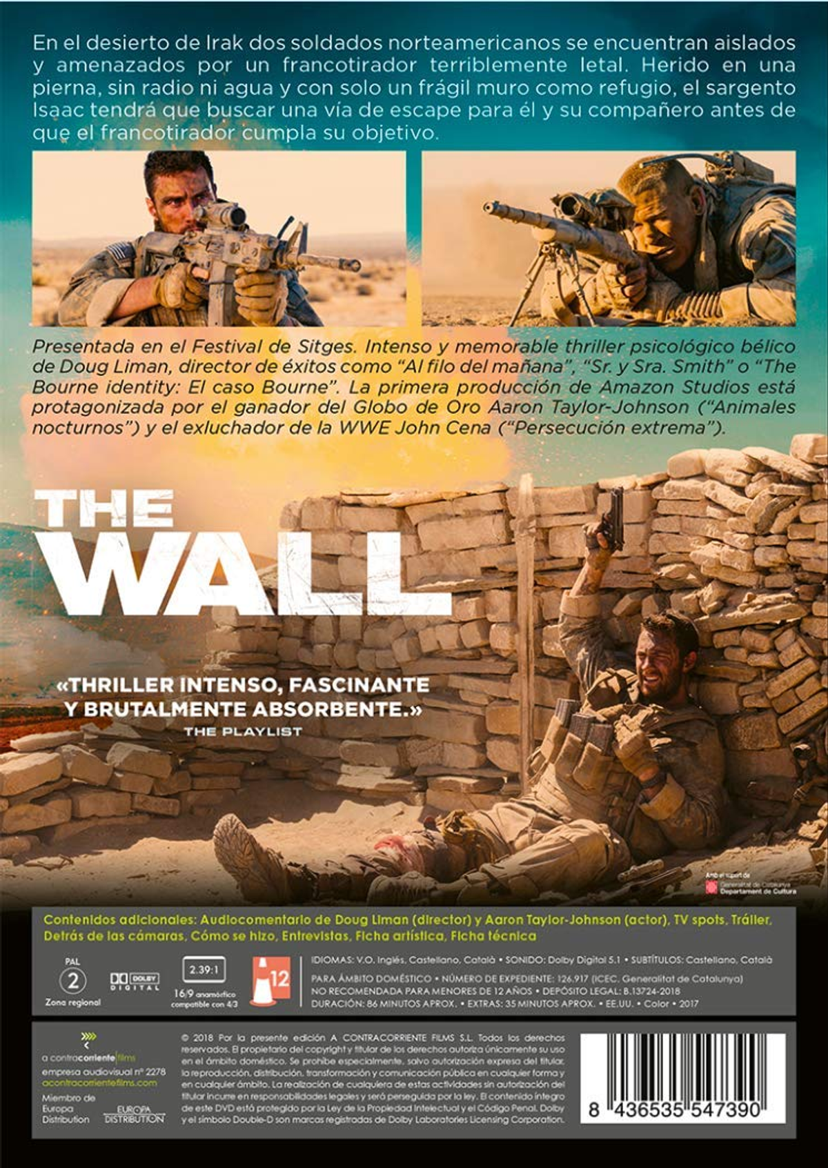 Portada de la película The Wall. Dos soldados en un desierto, uno apuntando con un arma.
