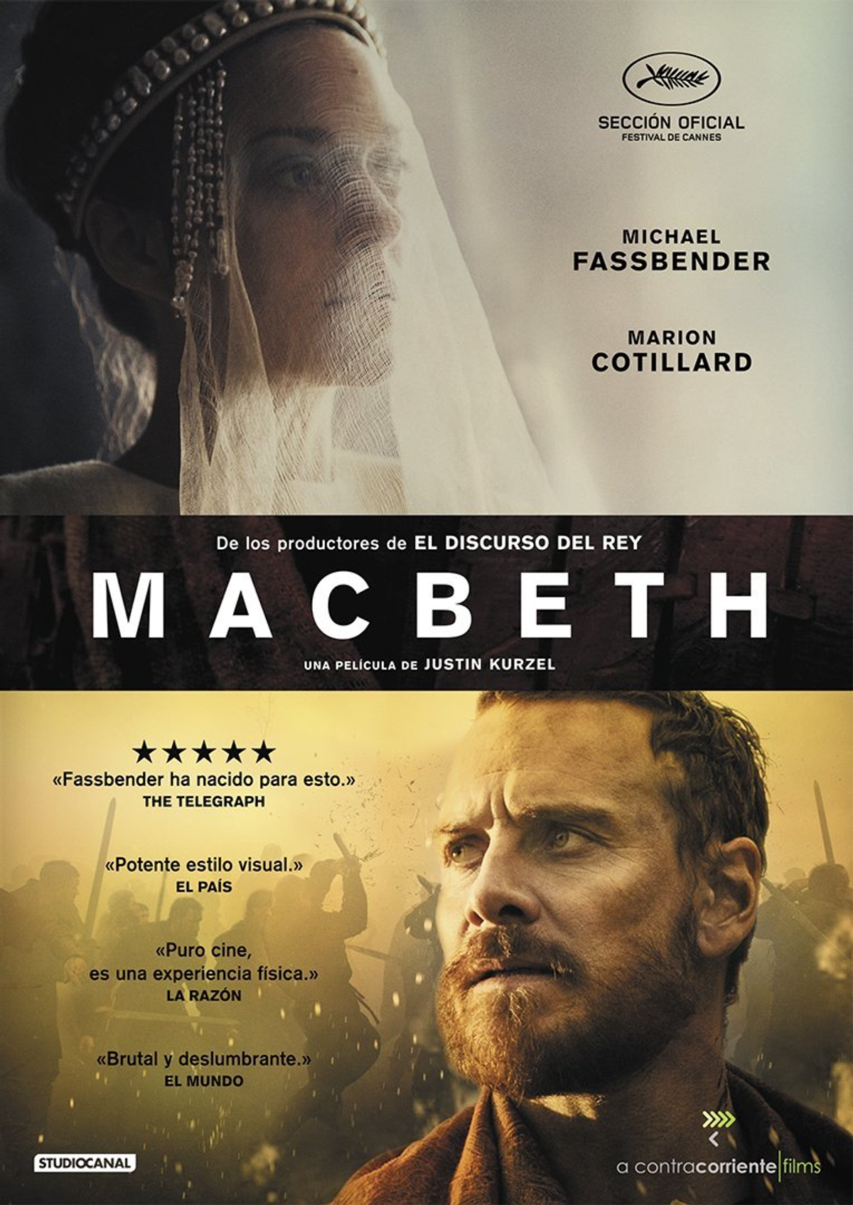 Cartel de la película: Macbeth, con Michael Fassbender y Marion Cotillard. El cartel presenta retratos y escenas de batalla.