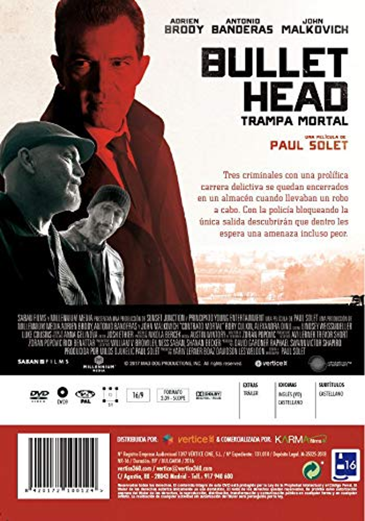 Portada de la película: Adrien Brody, Antonio Banderas y John Malkovich. Título: 'Bullet Head'.