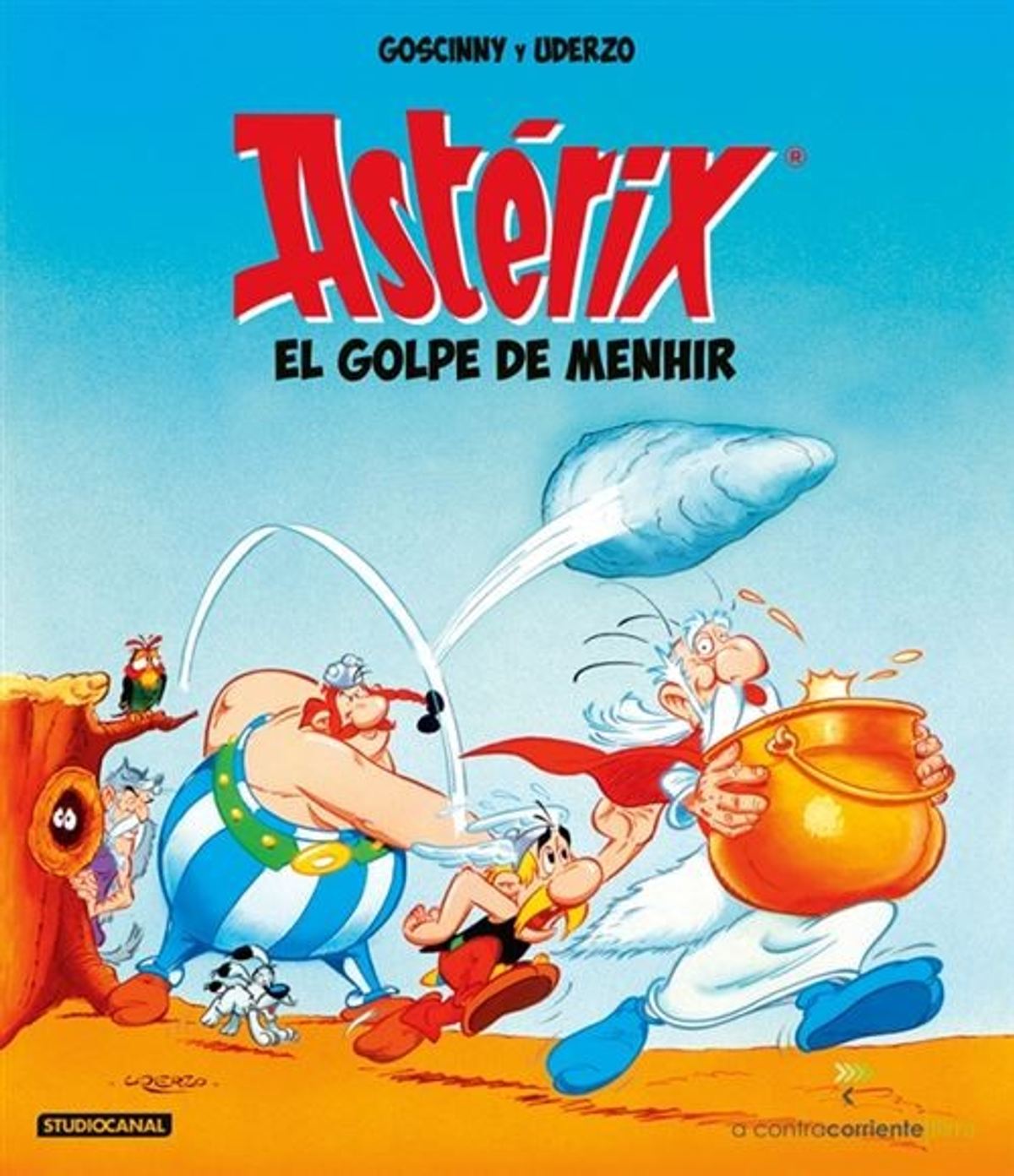 Portada del cómic de Asterix con Asterix, Obelix, un gran caldero y Goscinny & Uderzo.