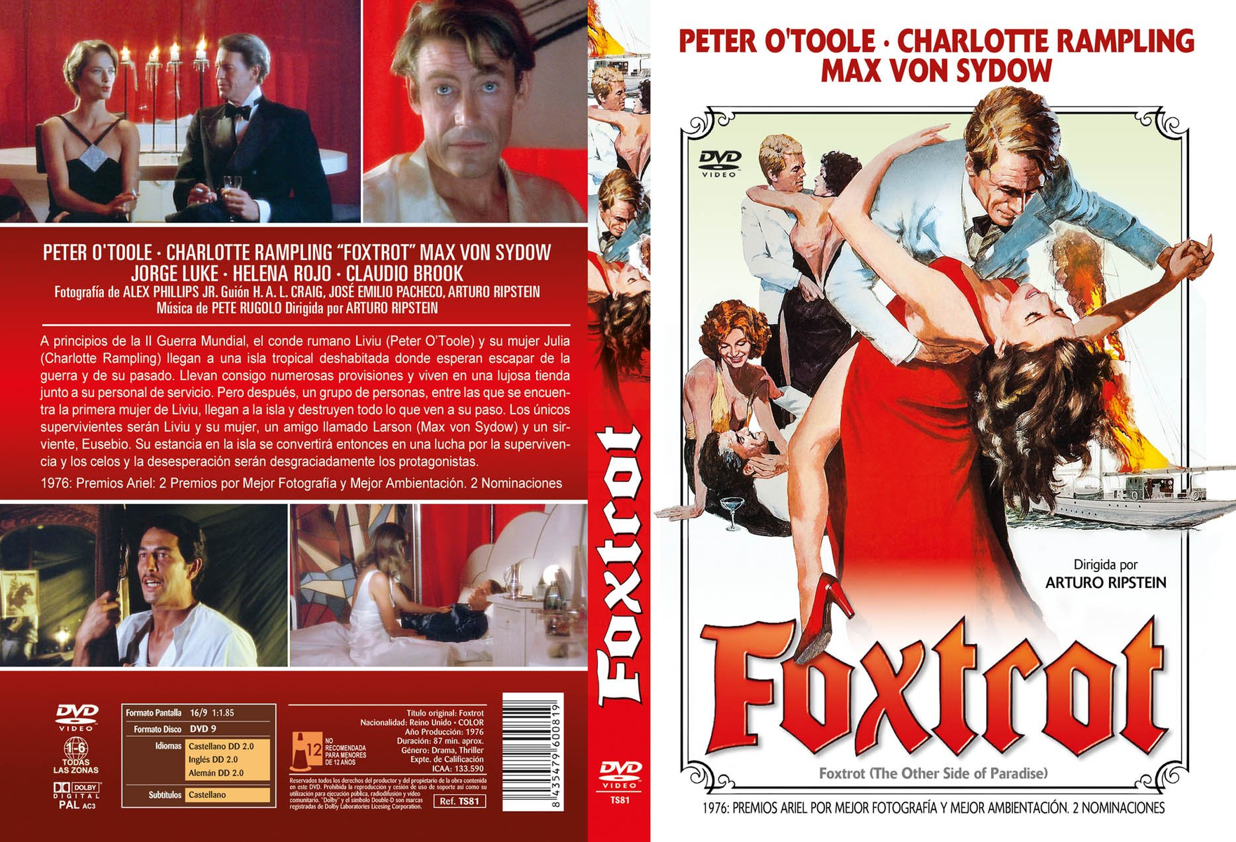 Portada de DVD: Dos personas bailando, un hombre y una mujer con un vestido rojo. Texto e imágenes.