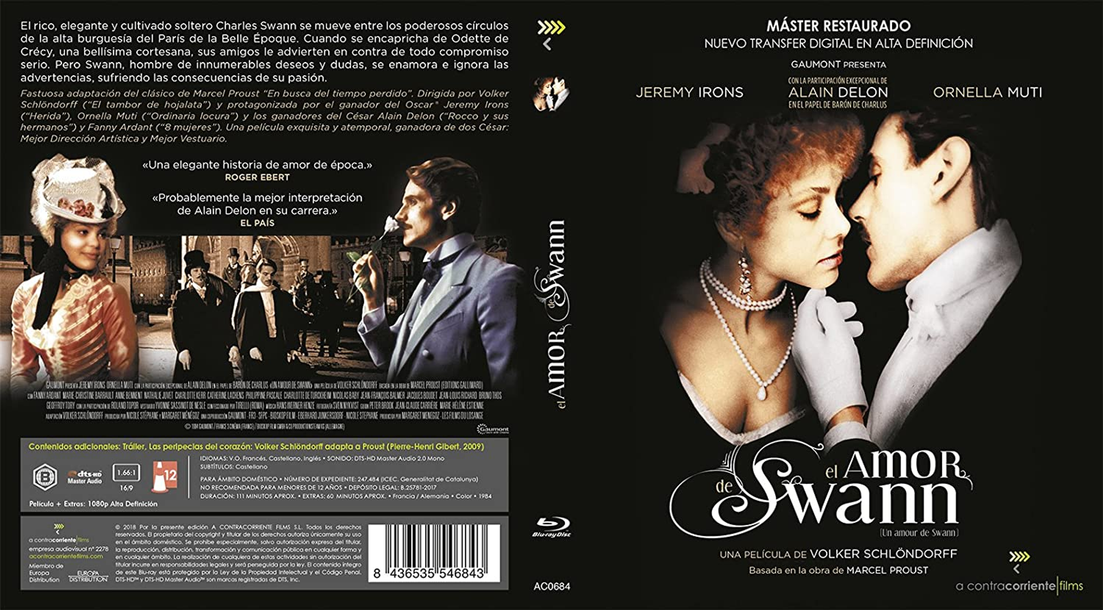 Portada de la película: El Amor De Swann. Jeremy Irons y Ornella Muti en la portada. Estuche Blu-ray.