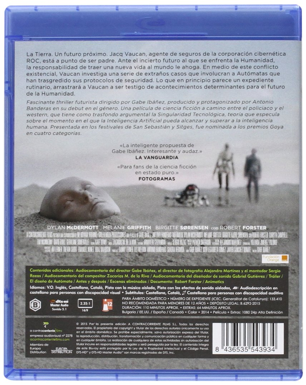 Parte trasera de la caja de DVD con detalles en español sobre una película con dos figuras y un rostro de fondo.