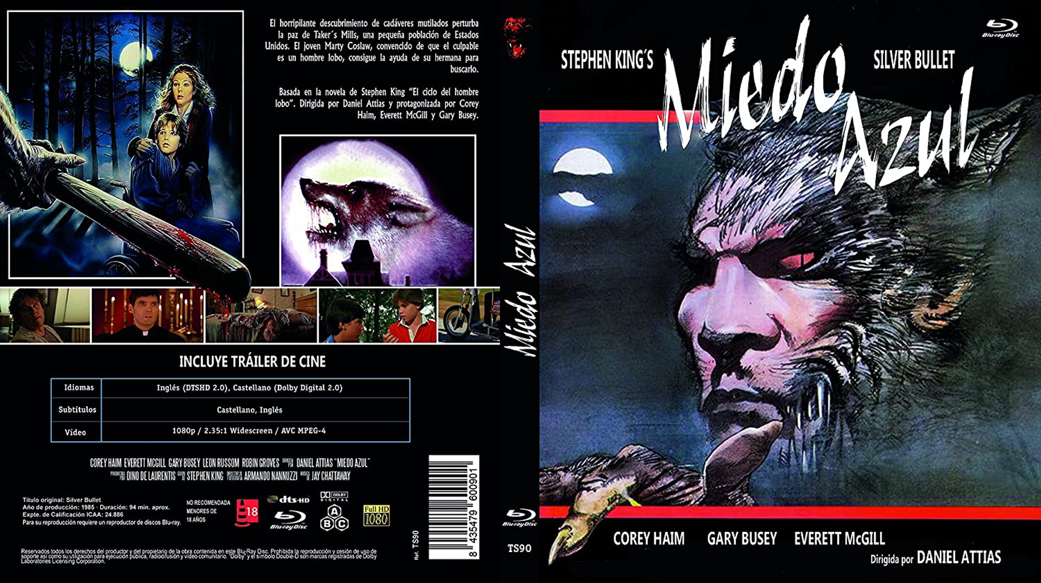 Portada de DVD con un hombre lobo, el título 'Silver Bullet' y actores. Escena oscura del bosque con mujer y niño.