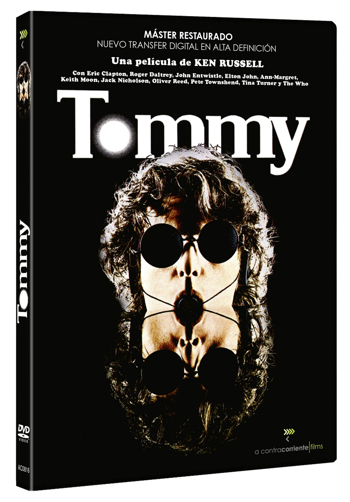 Portada de DVD de Tommy. La cara de una persona con gafas de sol reflejadas. Título: Tommy.