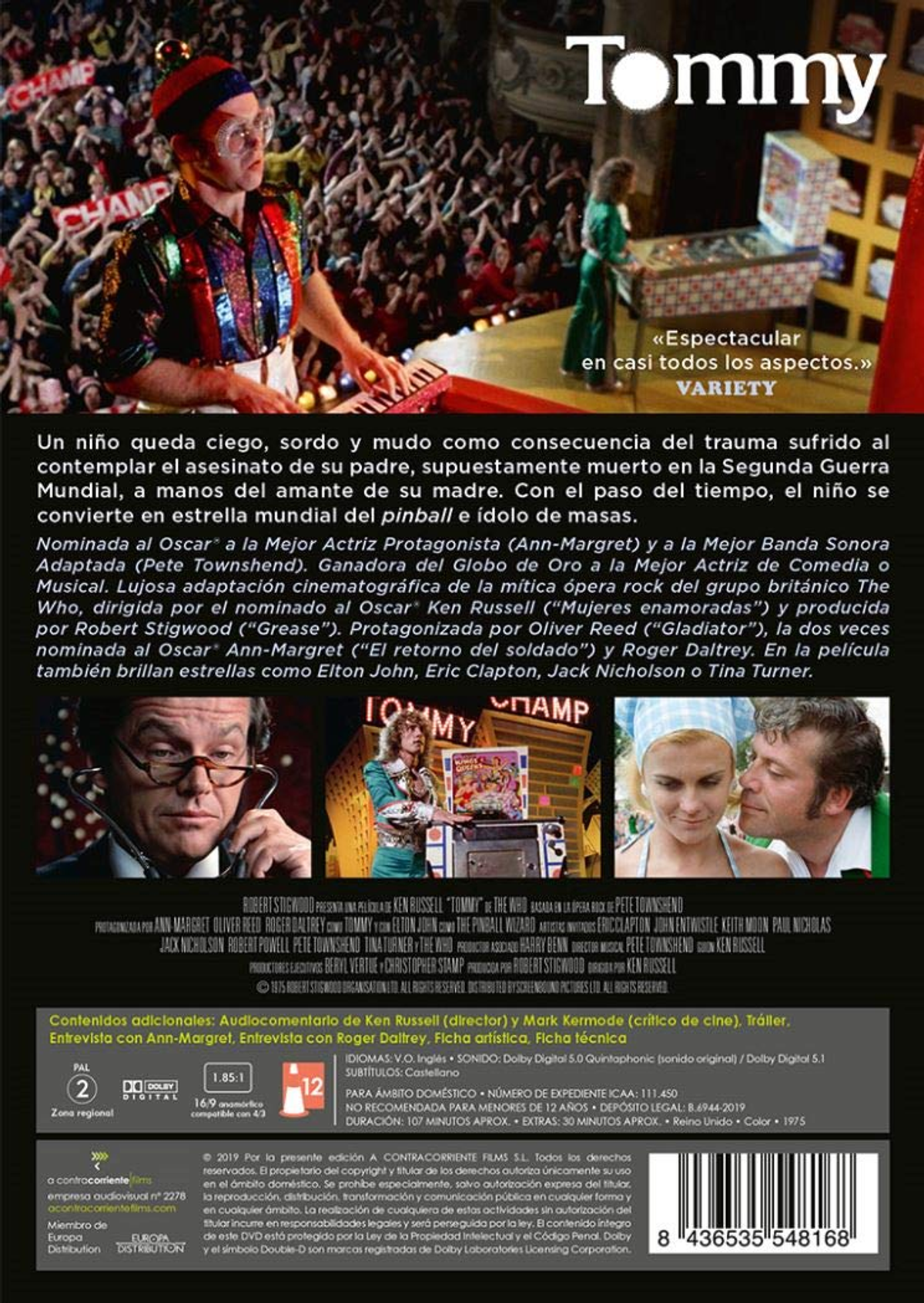 Portada de la película Tommy. La contraportada muestra imágenes de la película con texto. Fondo: un escenario de concierto.