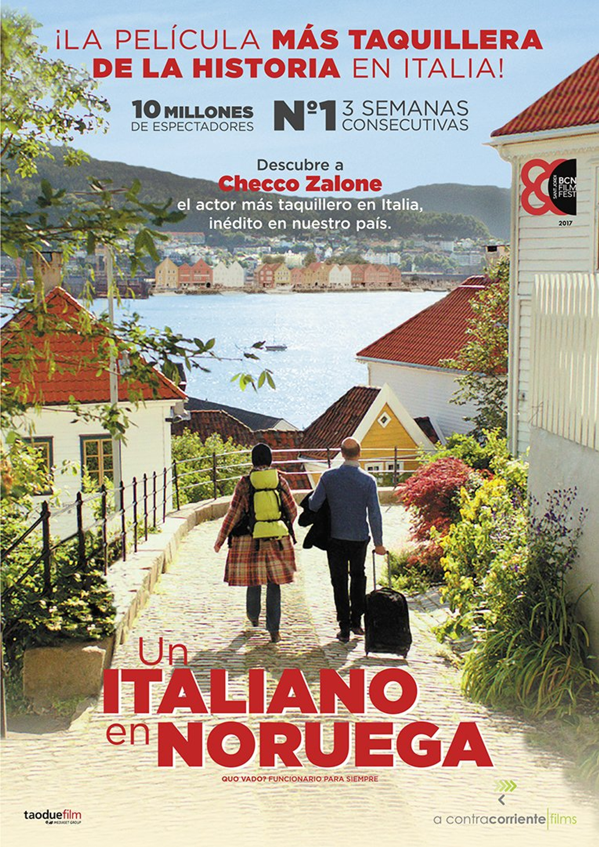 Portada del DVD de Un italiano en Noruega. Dos personas caminan por una calle con casas.