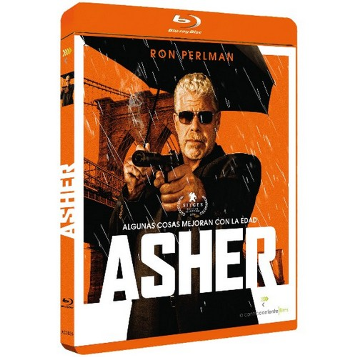 Funda Blu-ray: Asher. Un hombre con una pistola y un paraguas negro. El título es Asher. Fondo naranja.