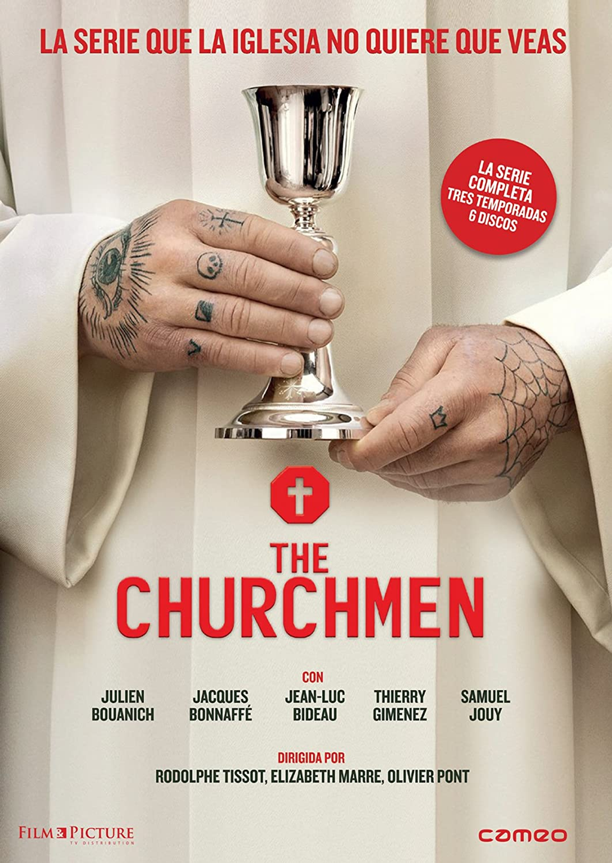 Portada de DVD. Un sacerdote sosteniendo un cáliz. El título es 'The Churchmen'.