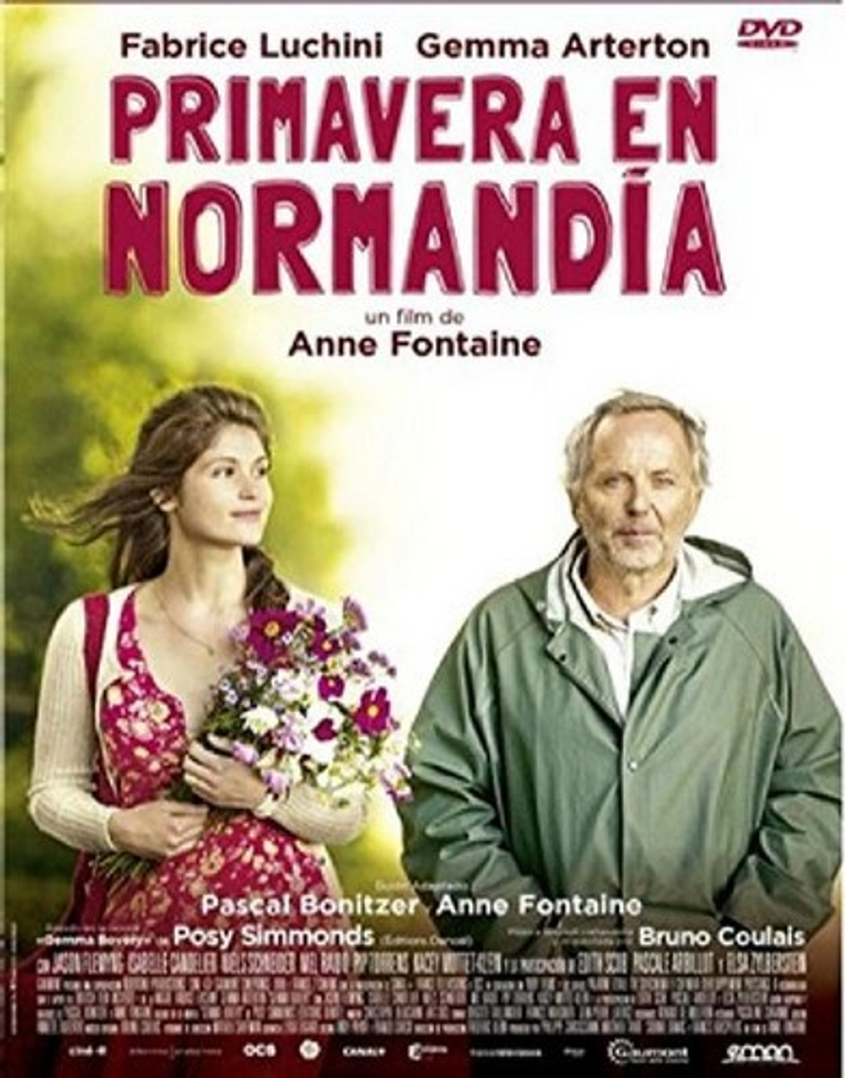 Portada de película: Un hombre y una mujer con flores, texto arriba.
