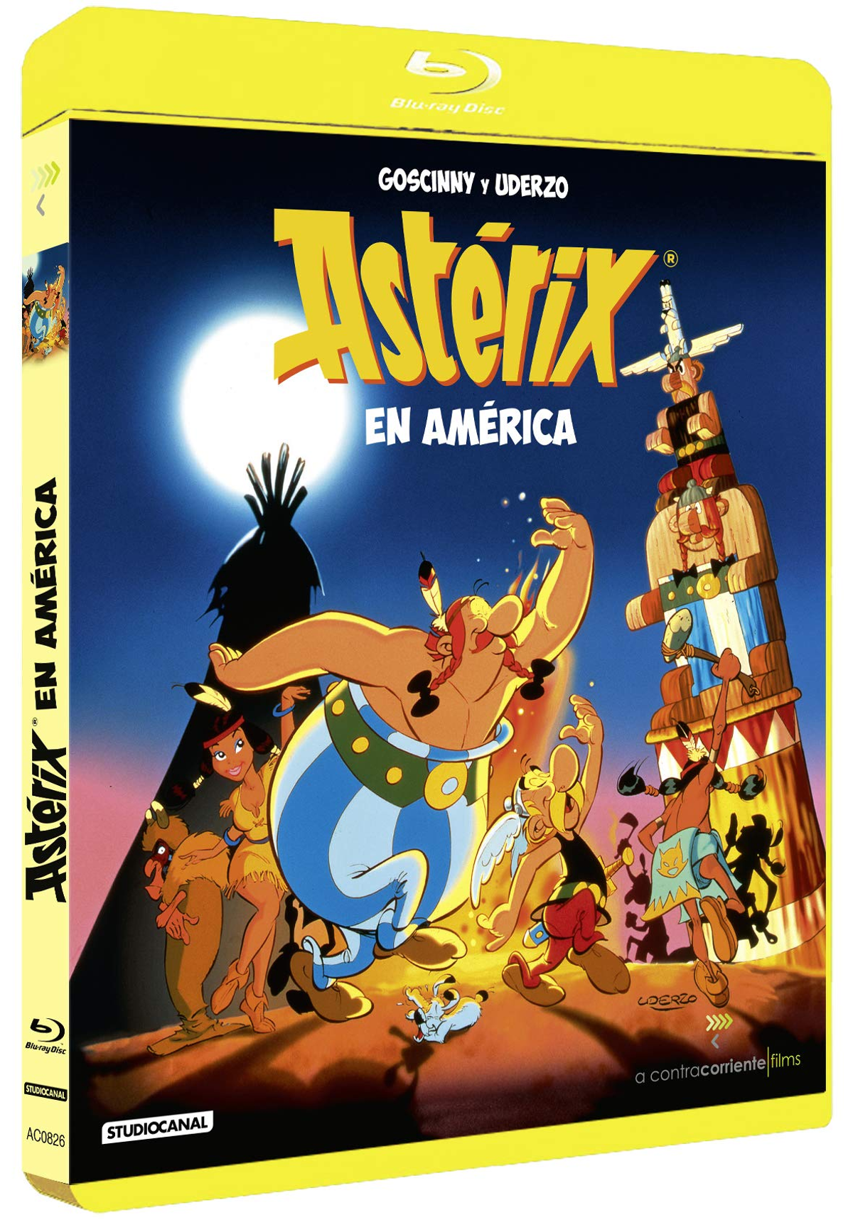 Portada de DVD de Asterix en América. Presenta personajes de dibujos animados, luna llena y tótem.