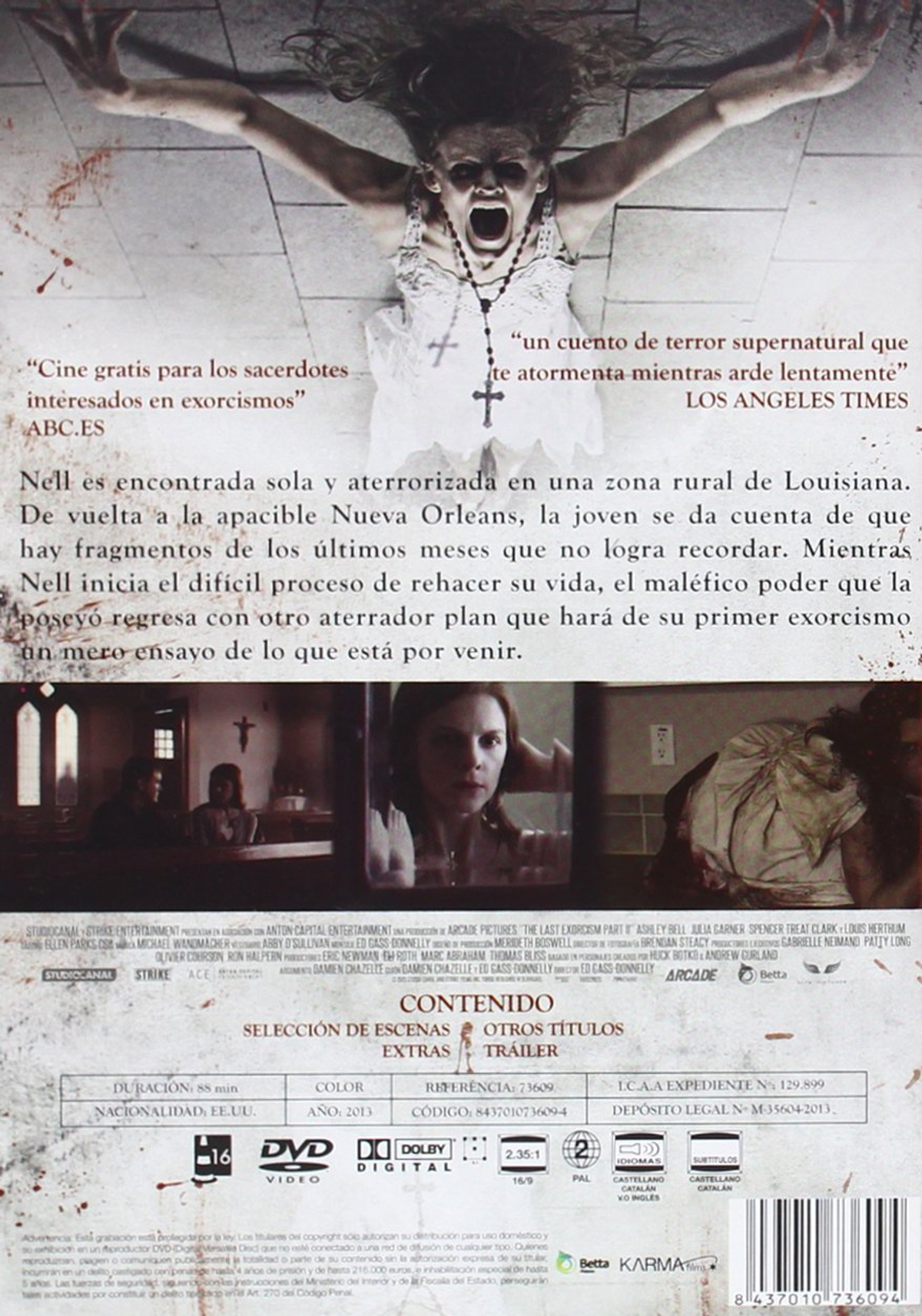Parte posterior de una carátula de DVD que muestra a una mujer con un vestido blanco con una cruz sobre un fondo oscuro con texto.