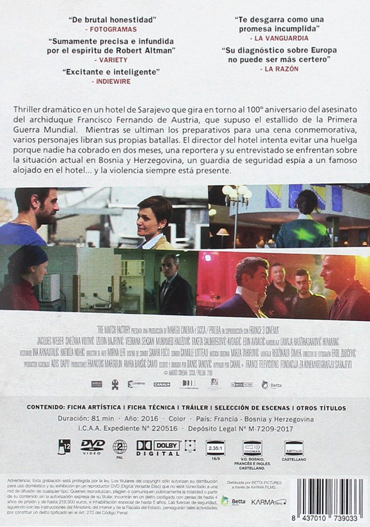 Caja de DVD. Parte trasera de una película. Grupo de personas en una habitación. Título: 'La Chica de la Fábrica de Cerillas'. Citas.