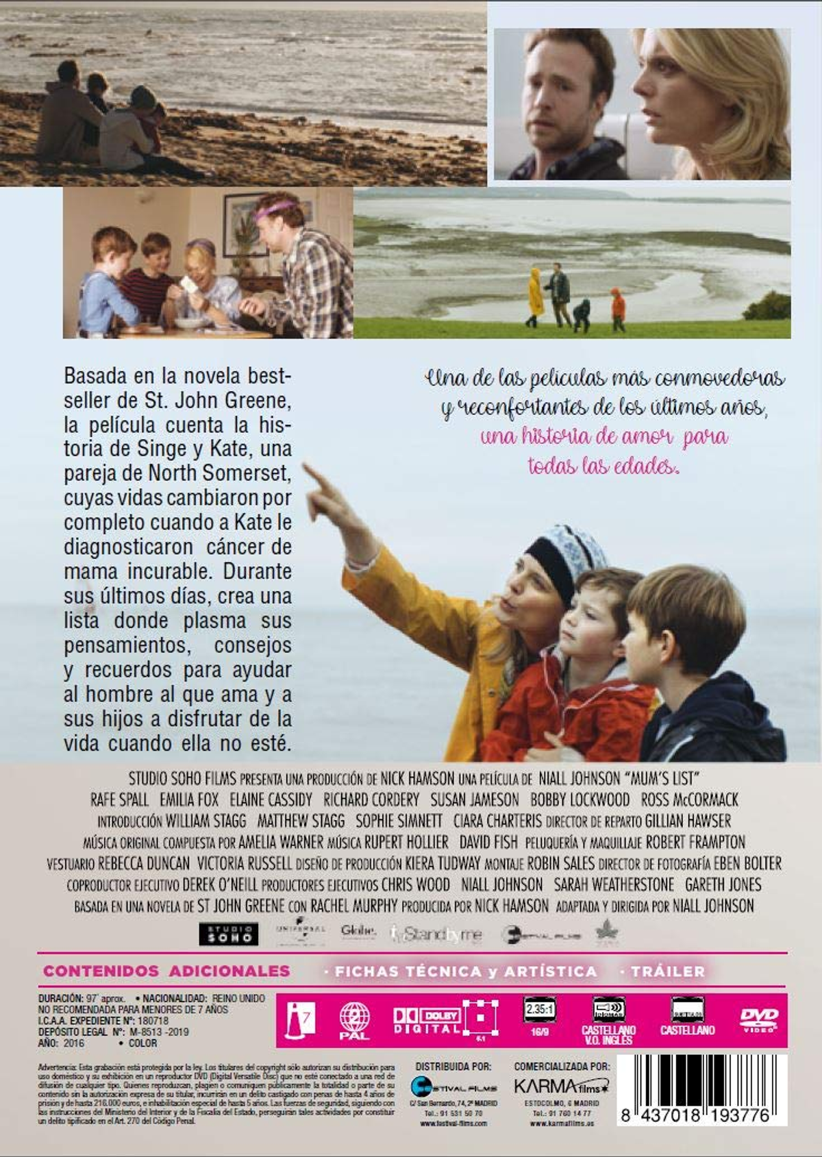 Parte trasera de una caja de DVD. Una familia está en la portada. Texto sobre la película presente.