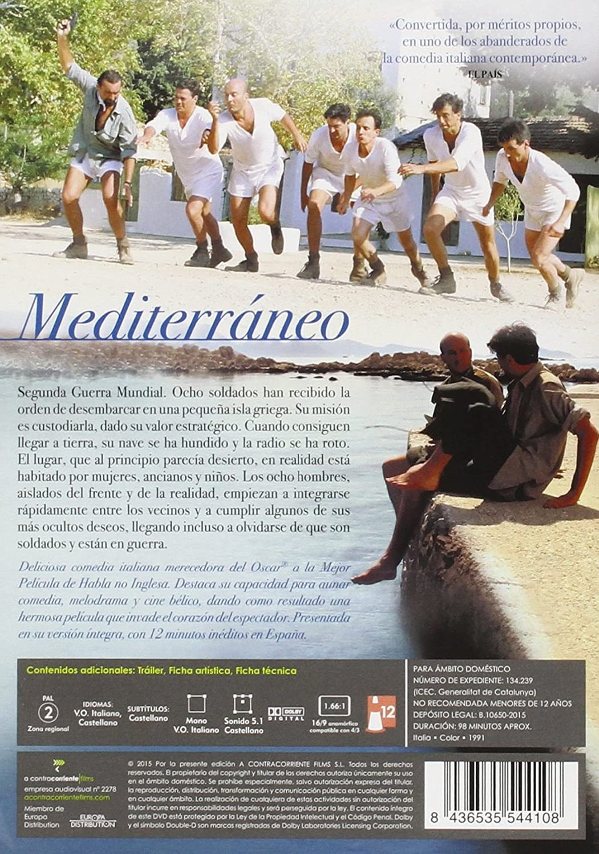 Portada de la película 'Mediterráneo', con hombres corriendo. Una playa en el fondo.