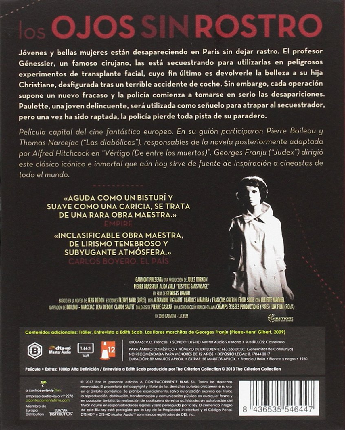 Contraportada de DVD: Ojos sin rostro. Texto, foto en blanco y negro de una mujer.