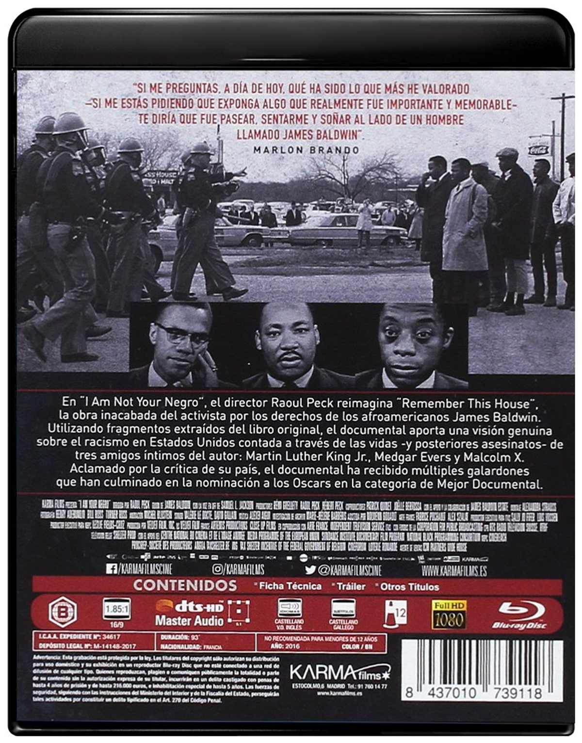 Contraportada de Blu-ray con texto, imágenes de personas y texto sobre el documental 'I Am Not Your Negro'.