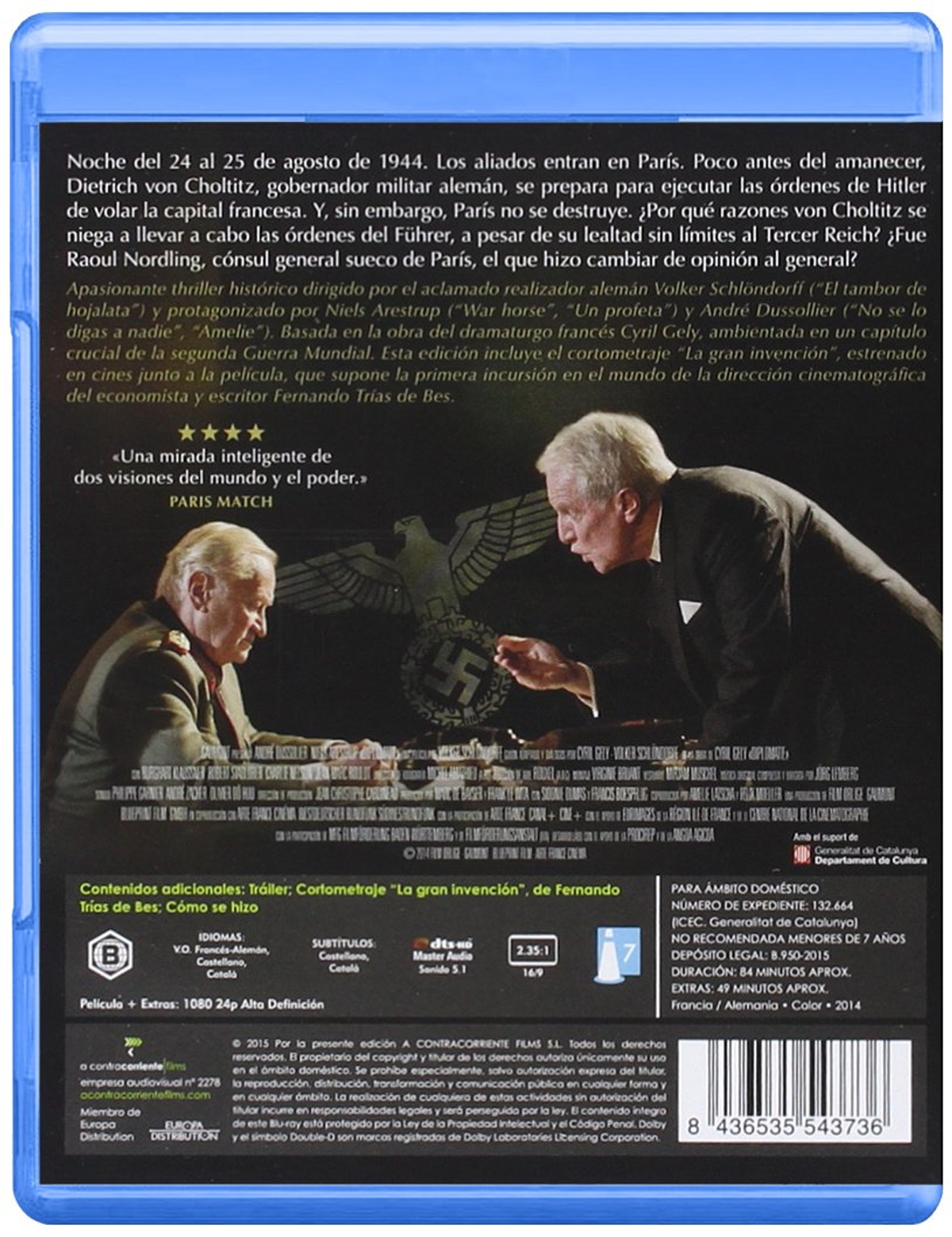 Parte trasera de una caja de Blu-ray. Tiene texto en francés y una imagen con dos personas.