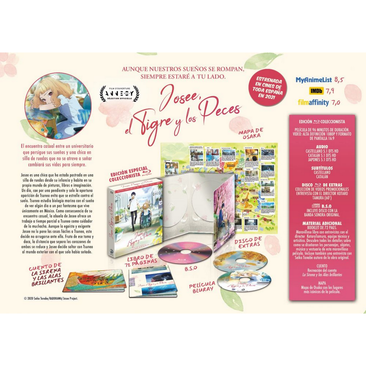 Portada de DVD Josee, the Tiger and the Fish. Chica con mochila, dibujos y detalles del libro.