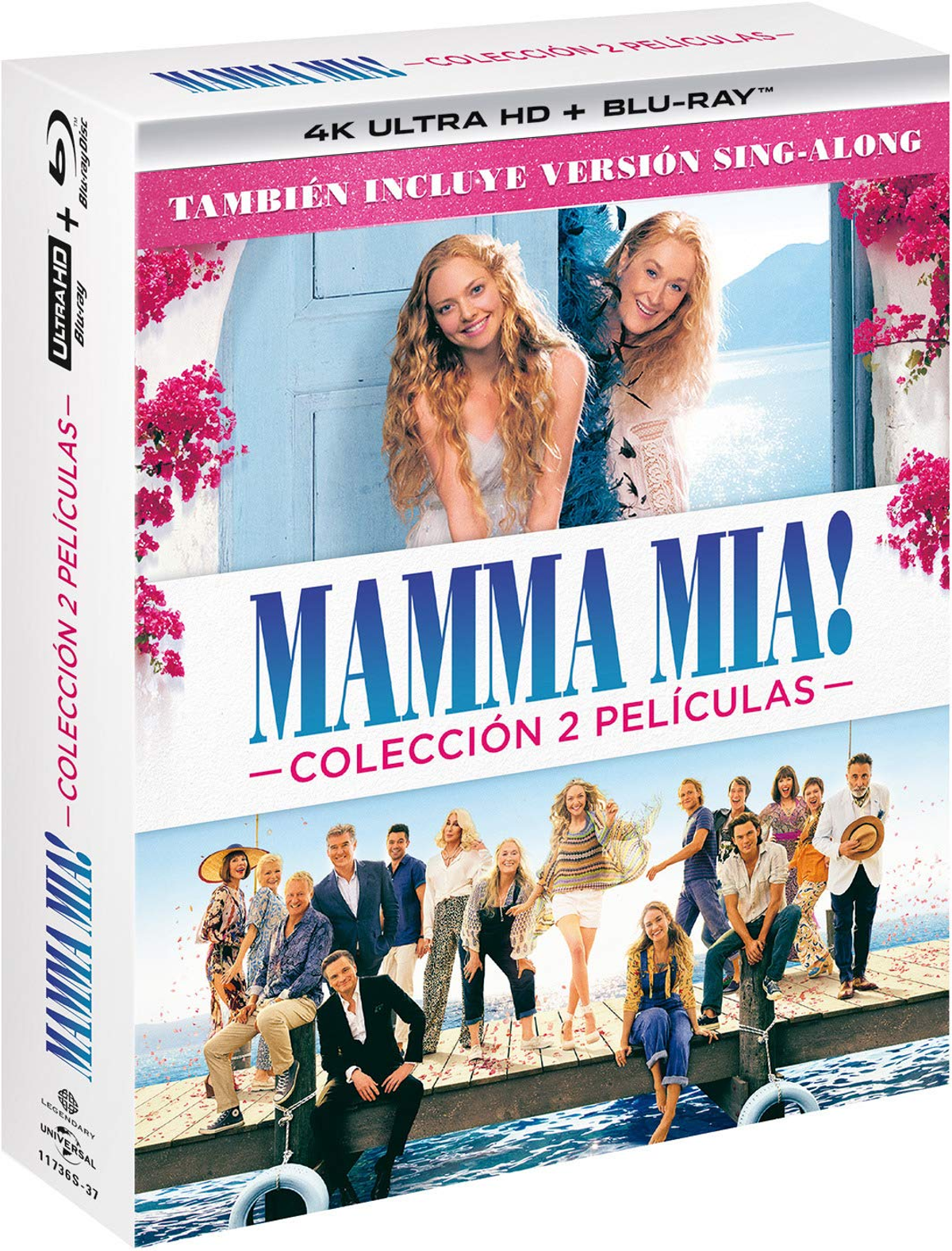 Portada Blu-ray de 'Mamma Mia! - Colección 2 Películas' con dos mujeres y un grupo.